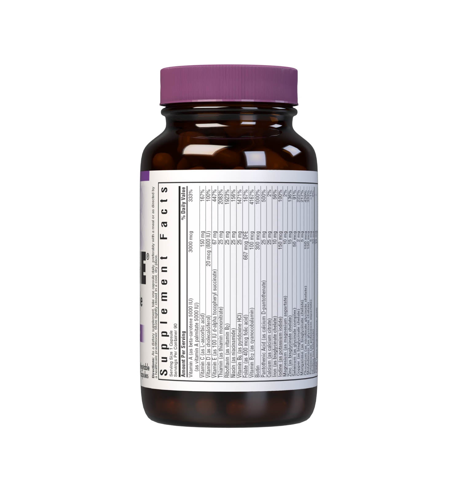 Bluebonnet’s Multi One Formula 90 Vegetable Capsules is a single daily multivitamin and multimineral dietary supplement in an easy-to-swallow, two-piece vegetable capsule and is formulated with highly efficient, patented Albion chelated minerals and popular carotenoids, such as beta carotene and FloraGLO lutein from marigold extract. Supplement facts panel. #size_90 count
