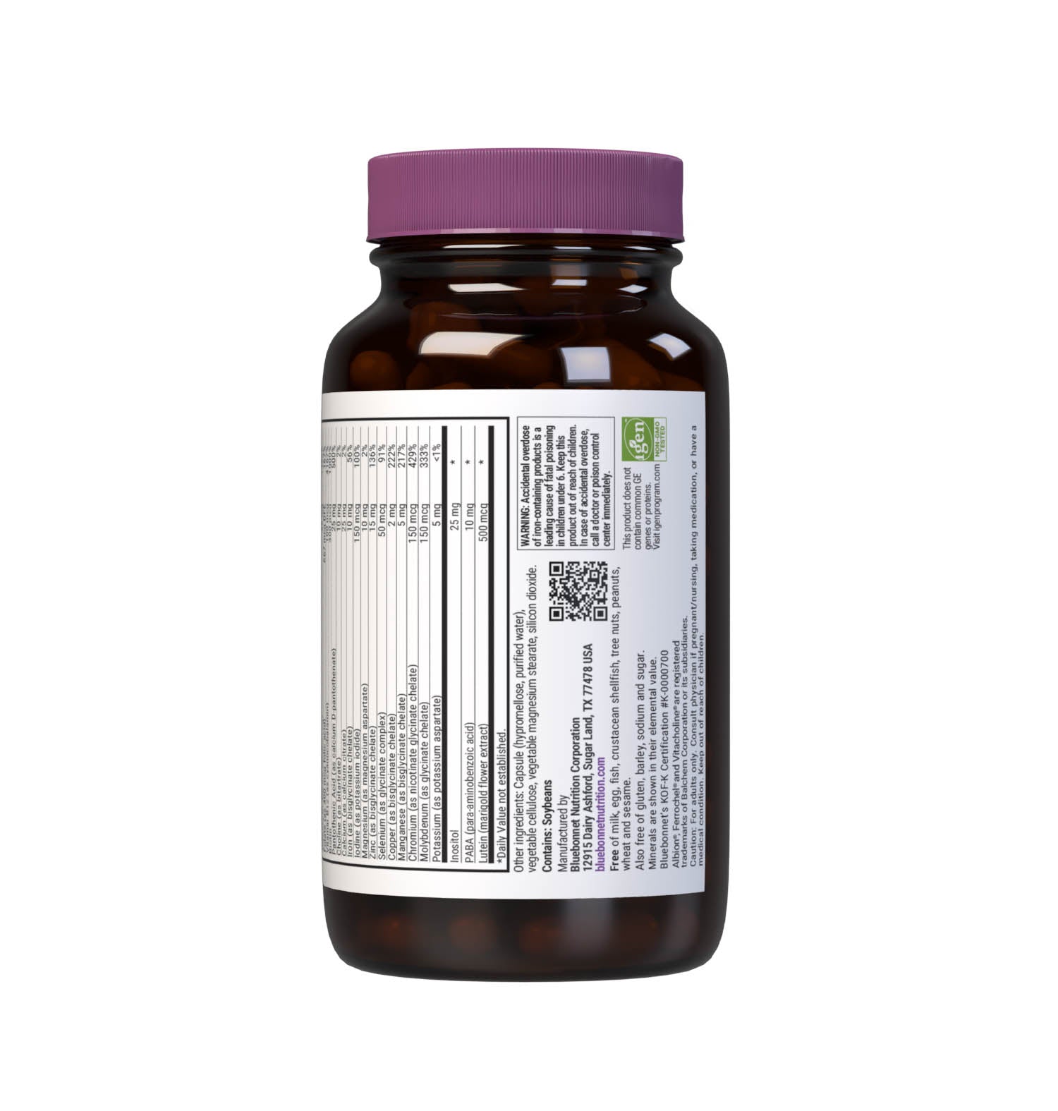 Bluebonnet’s Multi One Formula 90 Vegetable Capsules is a single daily multivitamin and multimineral dietary supplement in an easy-to-swallow, two-piece vegetable capsule and is formulated with highly efficient, patented Albion chelated minerals and popular carotenoids, such as beta carotene and FloraGLO lutein from marigold extract. Supplement facts panel bottom. #Size+Iron_90 count (with Iron)