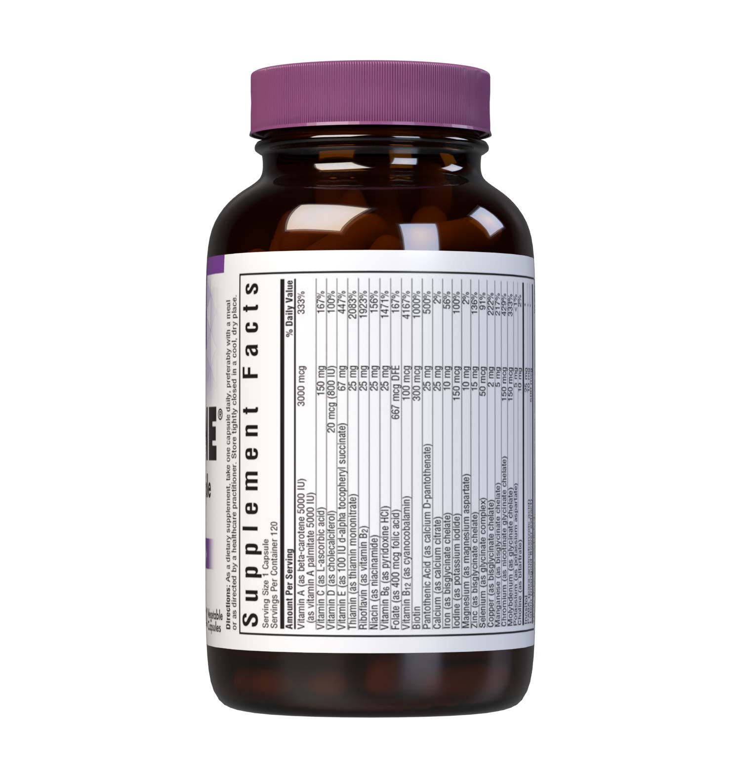 Bluebonnet’s Multi One Formula 120 Vegetable Capsules is a single daily multivitamin and multimineral dietary supplement in an easy-to-swallow, two-piece vegetable capsule and is formulated with highly efficient, patented Albion chelated minerals and popular carotenoids, such as beta carotene and FloraGLO lutein from marigold extract. Supplement facts panel. #size_120 count