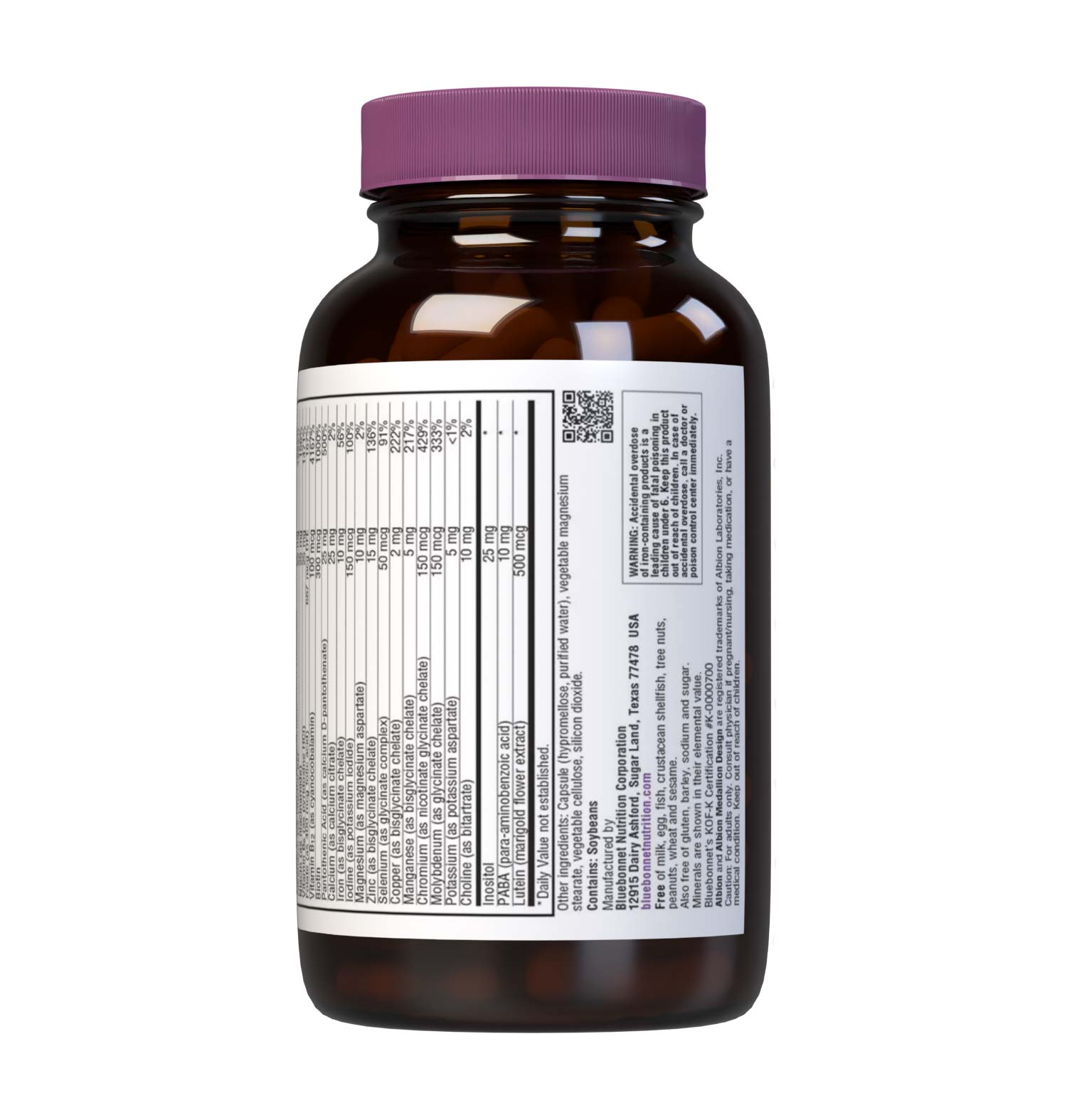 Bluebonnet’s Multi One Formula 120 Vegetable Capsules is a single daily multivitamin and multimineral dietary supplement in an easy-to-swallow, two-piece vegetable capsule and is formulated with highly efficient, patented Albion chelated minerals and popular carotenoids, such as beta carotene and FloraGLO lutein from marigold extract. Supplement facts panel continued. #size_120 count