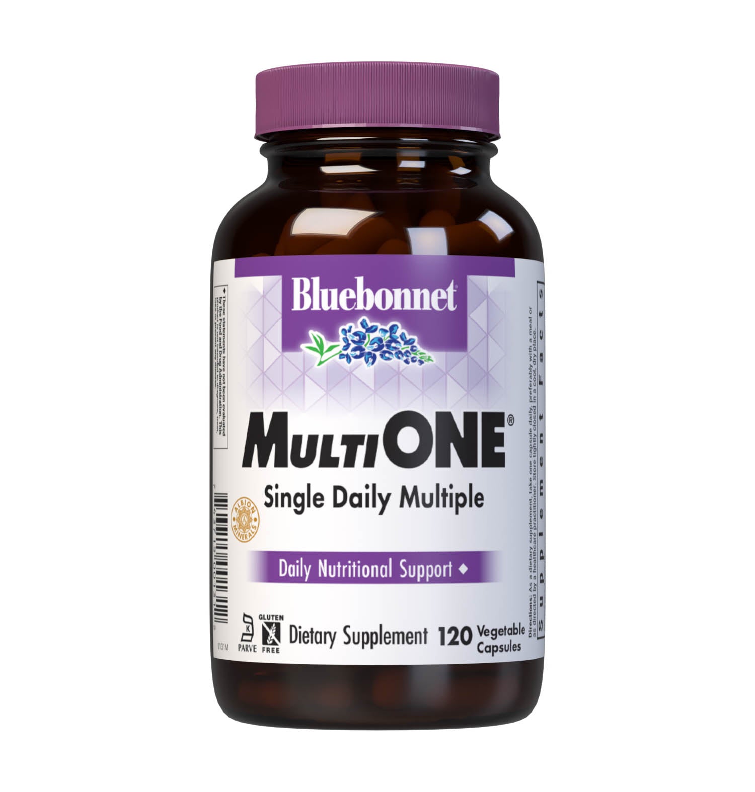 Bluebonnet’s Multi One Formula 120 Vegetable Capsules is a single daily multivitamin and multimineral dietary supplement in an easy-to-swallow, two-piece vegetable capsule and is formulated with highly efficient, patented Albion chelated minerals and popular carotenoids, such as beta carotene and FloraGLO lutein from marigold extract. #Size+Iron_120 count (with Iron)