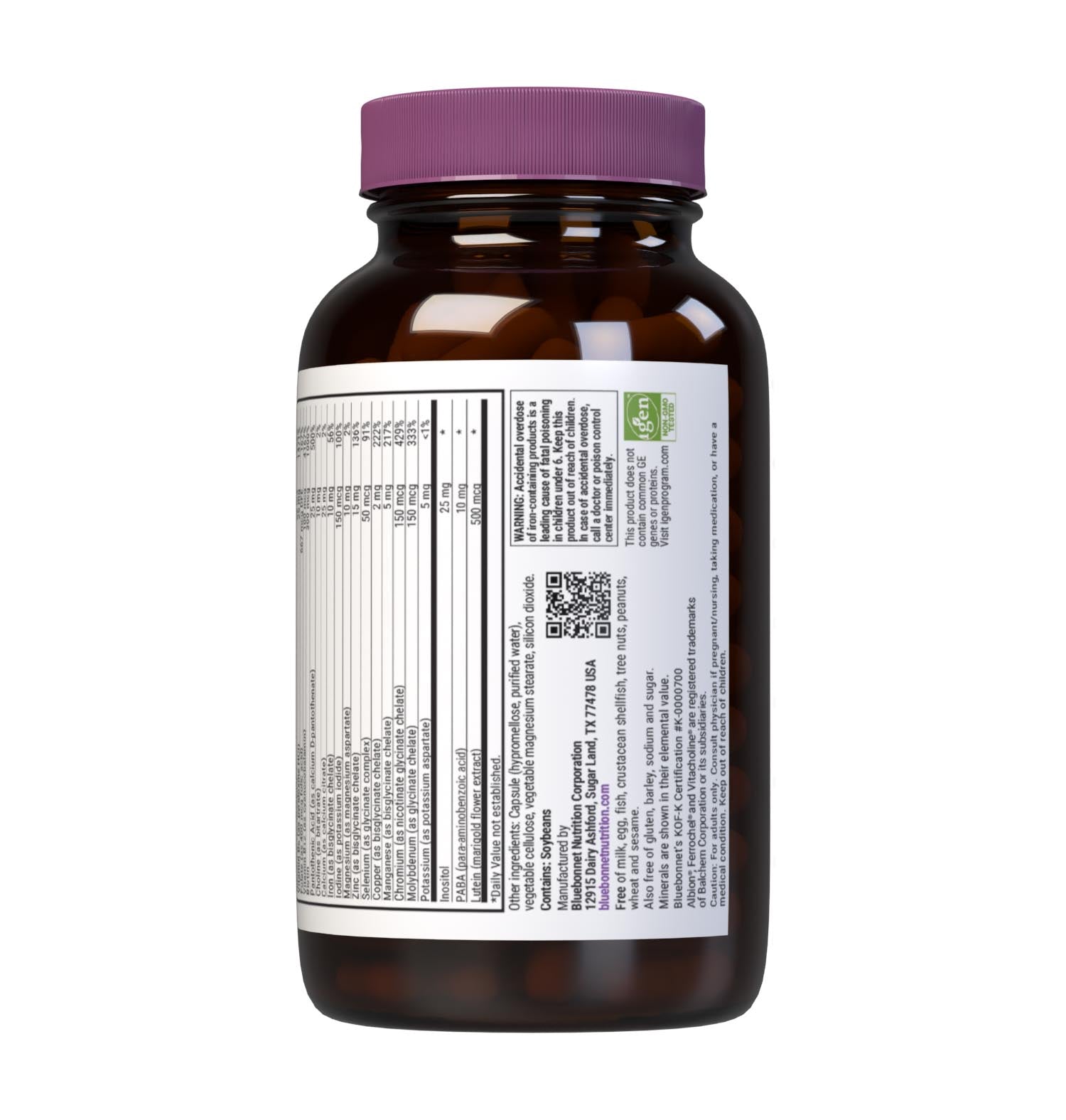 Bluebonnet’s Multi One Formula 120 Vegetable Capsules is a single daily multivitamin and multimineral dietary supplement in an easy-to-swallow, two-piece vegetable capsule and is formulated with highly efficient, patented Albion chelated minerals and popular carotenoids, such as beta carotene and FloraGLO lutein from marigold extract. Supplement facts panel bottom. #Size+Iron_120 count (with Iron)