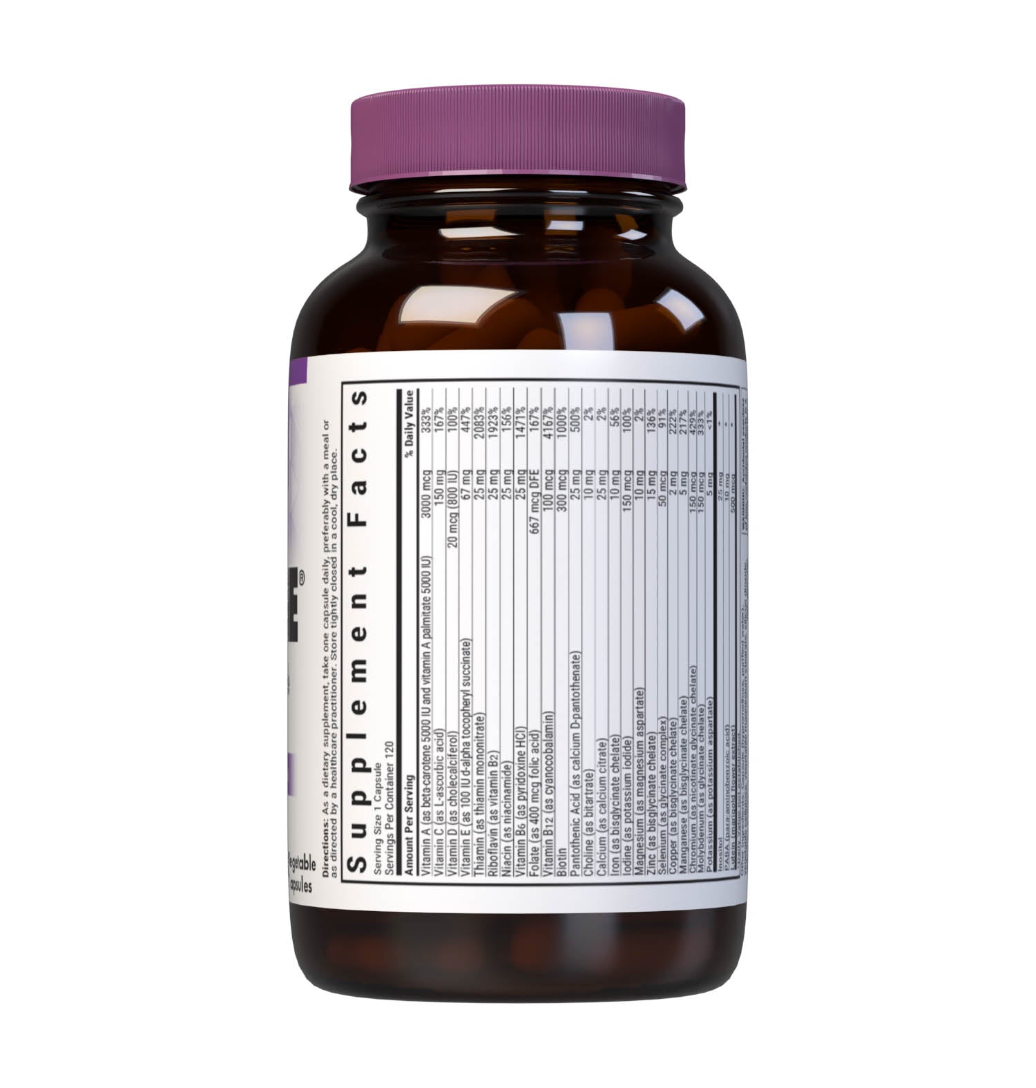 Bluebonnet’s Multi One Formula 120 Vegetable Capsules is a single daily multivitamin and multimineral dietary supplement in an easy-to-swallow, two-piece vegetable capsule and is formulated with highly efficient, patented Albion chelated minerals and popular carotenoids, such as beta carotene and FloraGLO lutein from marigold extract. Supplement facts panel top. #Size+Iron_120 count (with Iron)
