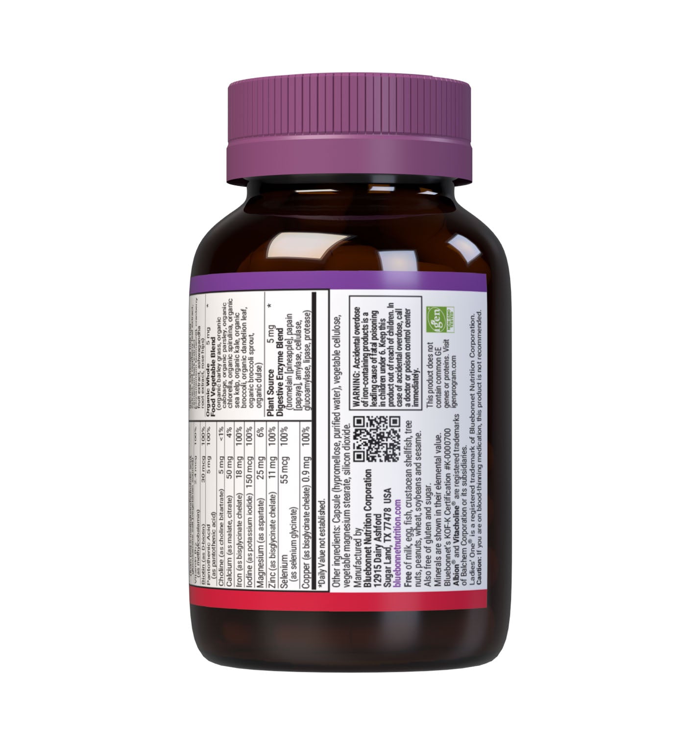Bluebonnet’s Ladies' One Whole Food-Based Multiple 30 vegetable capsules is formulated with over 25 crucial nutrients like vitamin K2 and vitamin E from sunflower, all the coenzyme forms of the B vitamins, plus Albion chelated minerals in addition to an organic whole food vegetable blend, a plant-sourced enzyme blend, and a unique female health blend for daily nutrition and well being. Supplement facts panel, bottom part. #size_30 count