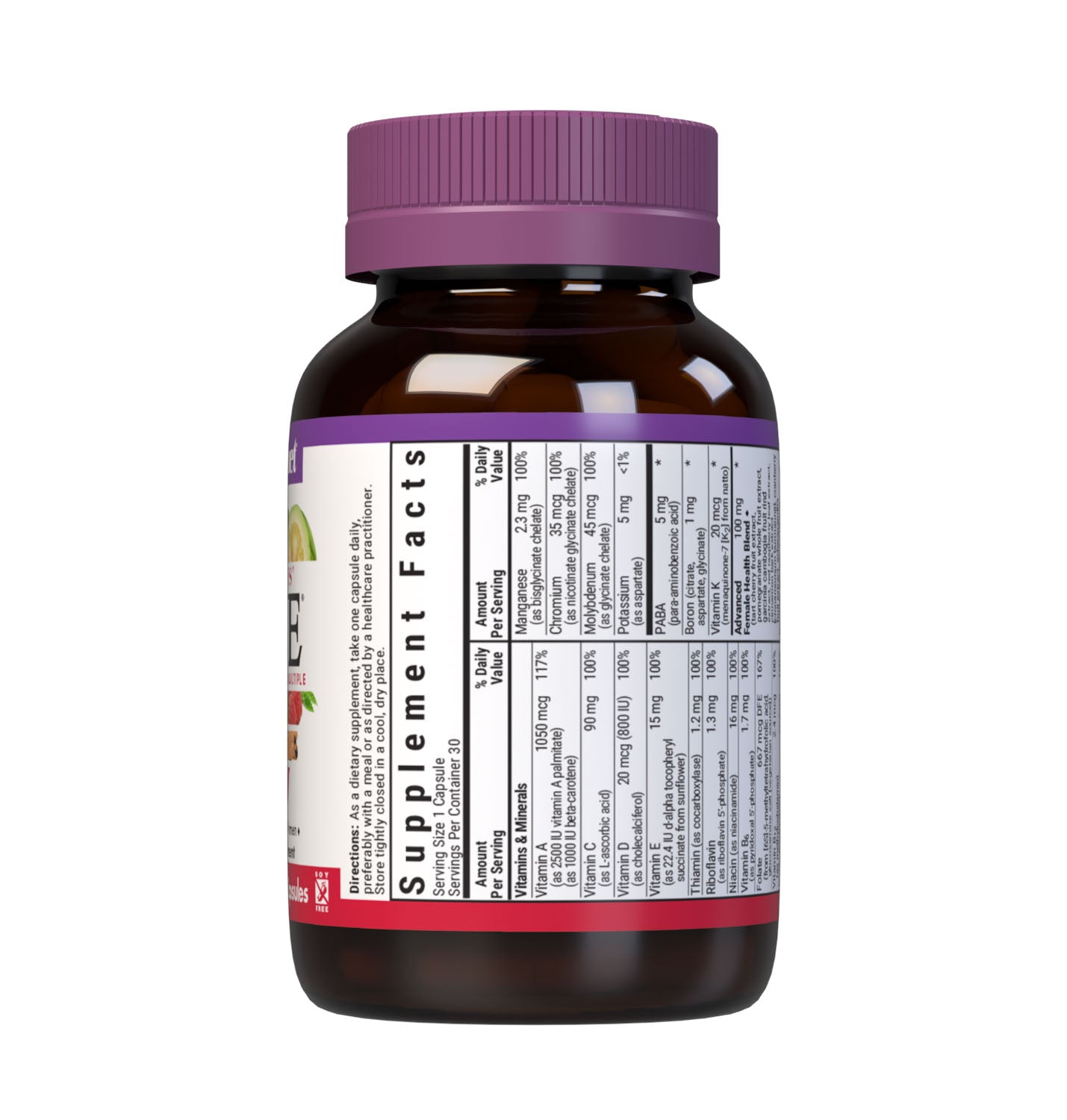 Bluebonnet’s Ladies' One Whole Food-Based Multiple 30 vegetable capsules is formulated with over 25 crucial nutrients like vitamin K2 and vitamin E from sunflower, all the coenzyme forms of the B vitamins, plus Albion chelated minerals in addition to an organic whole food vegetable blend, a plant-sourced enzyme blend, and a unique female health blend for daily nutrition and well being. Supplement facts panel, top part. #size_30 count