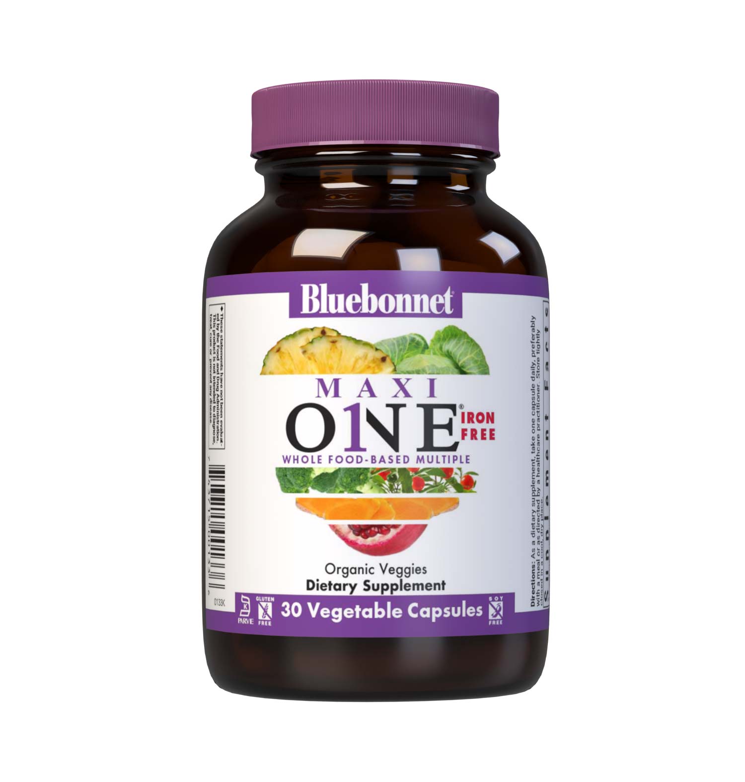 Bluebonnet’s Maxi ONE formula (Iron-Free) 30 vegetable capsules is a higher potency, single daily multivitamin and multimineral dietary supplement in a capsule and is formulated with highly efficient patented Albion chelated minerals, vitamin K2 from natto, select coenzyme B vitamins along with energy & vitality, organic whole food, and plant source enzyme blends. #size_30 count