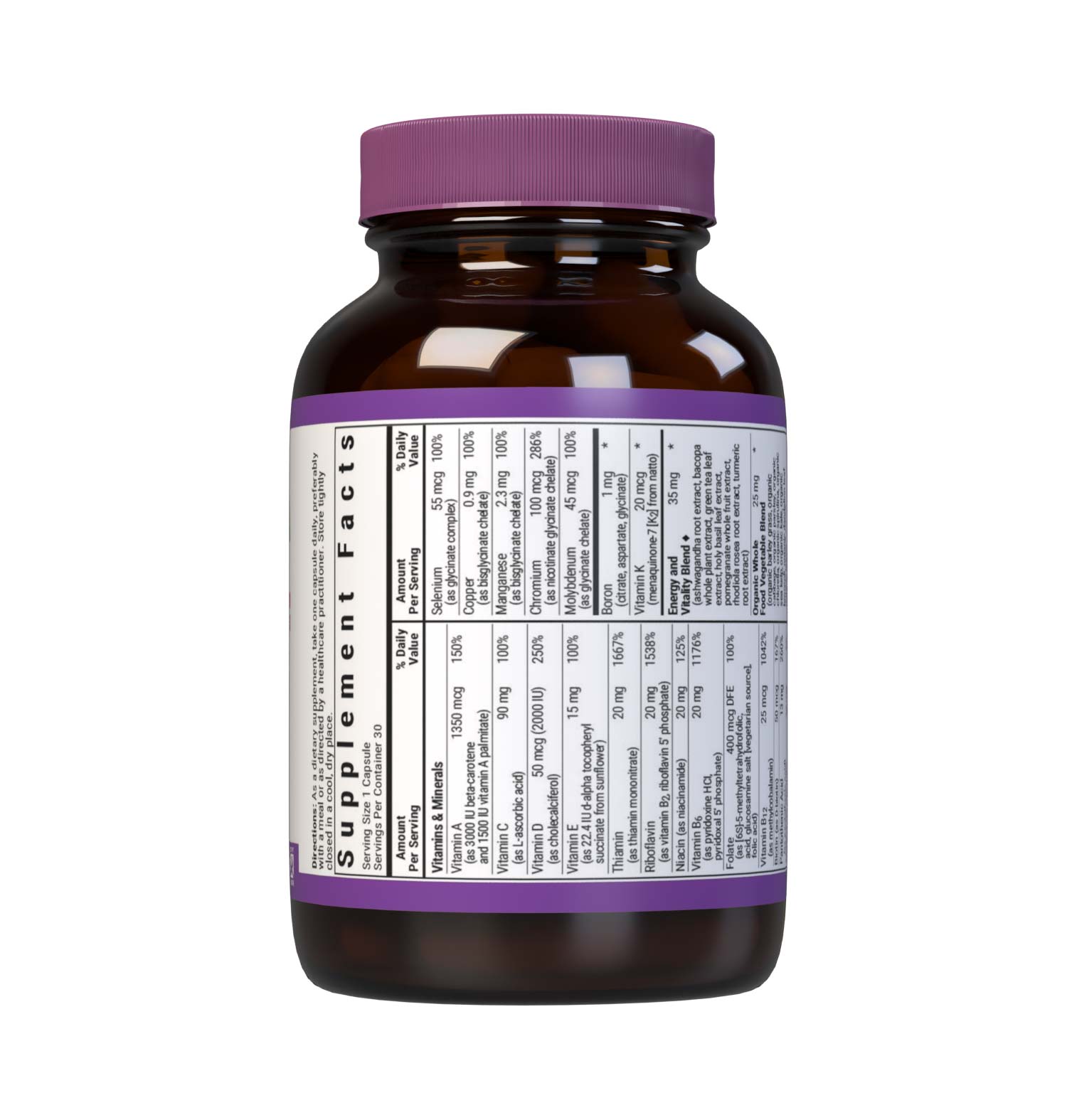 Bluebonnet’s Maxi ONE formula (Iron-Free) 30 vegetable capsules is a higher potency, single daily multivitamin and multimineral dietary supplement in a capsule and is formulated with highly efficient patented Albion chelated minerals, vitamin K2 from natto, select coenzyme B vitamins along with energy & vitality, organic whole food, and plant source enzyme blends. Supplement facts panel top. #size_30 count