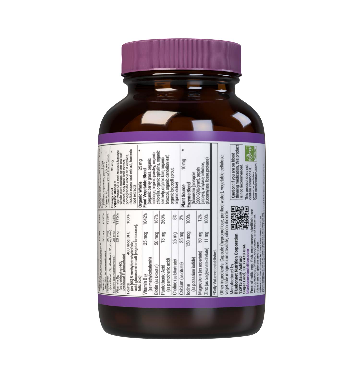 Bluebonnet’s Maxi ONE formula (Iron-Free) 30 vegetable capsules is a higher potency, single daily multivitamin and multimineral dietary supplement in a capsule and is formulated with highly efficient patented Albion chelated minerals, vitamin K2 from natto, select coenzyme B vitamins along with energy & vitality, organic whole food, and plant source enzyme blends. Supplement facts panel bottom. #size_30 count