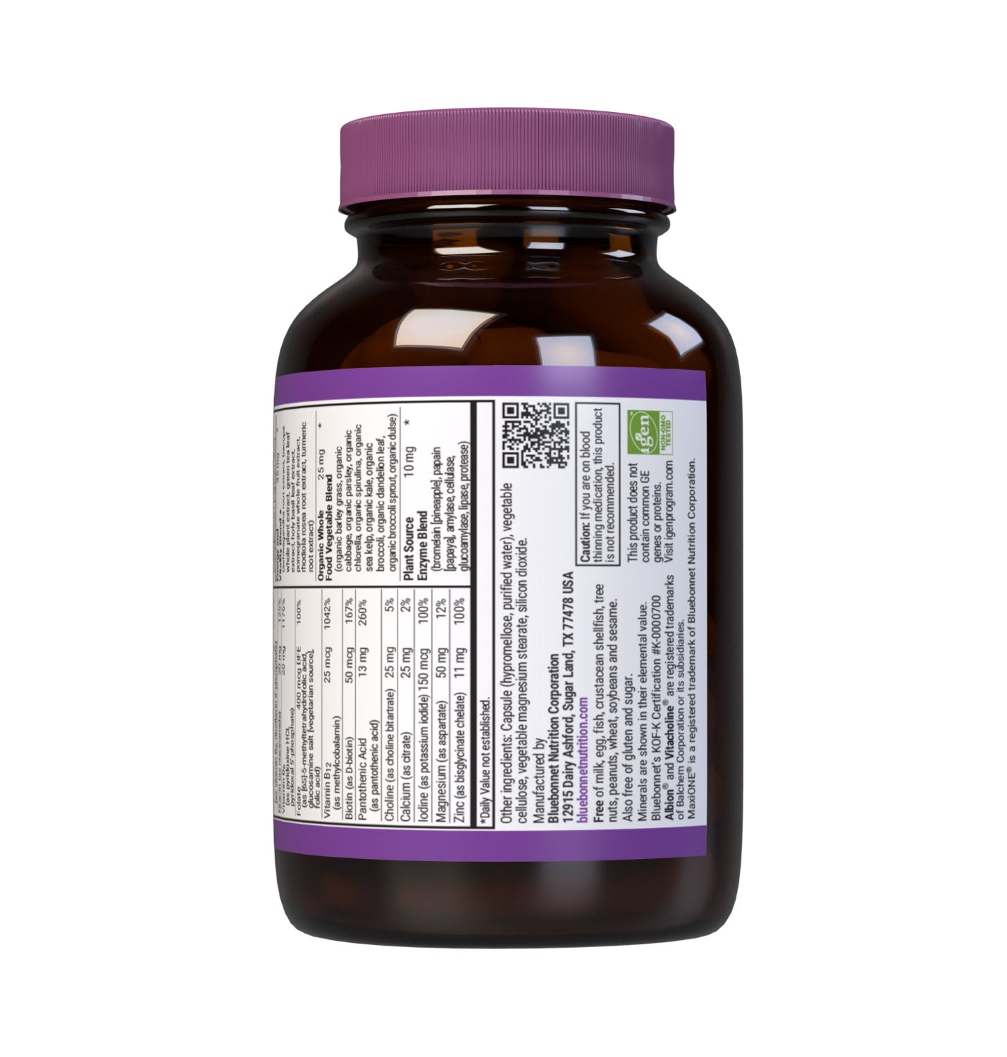 Bluebonnet’s Maxi ONE formula (Iron-Free) 30 vegetable capsules is a higher potency, single daily multivitamin and multimineral dietary supplement in a capsule and is formulated with highly efficient patented Albion chelated minerals, vitamin K2 from natto, select coenzyme B vitamins along with energy & vitality, organic whole food, and plant source enzyme blends. Supplement facts, bottom part. #size_30 count