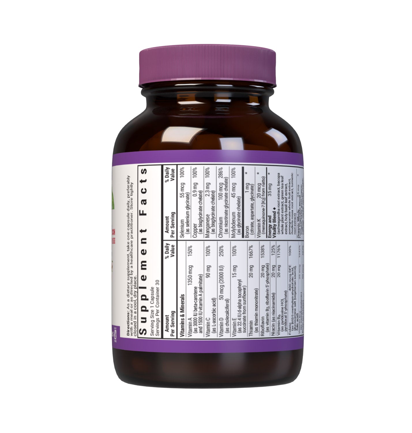 Bluebonnet’s Maxi ONE formula (Iron-Free) 30 vegetable capsules is a higher potency, single daily multivitamin and multimineral dietary supplement in a capsule and is formulated with highly efficient patented Albion chelated minerals, vitamin K2 from natto, select coenzyme B vitamins along with energy & vitality, organic whole food, and plant source enzyme blends. Supplement facts, top part. #size_30 count