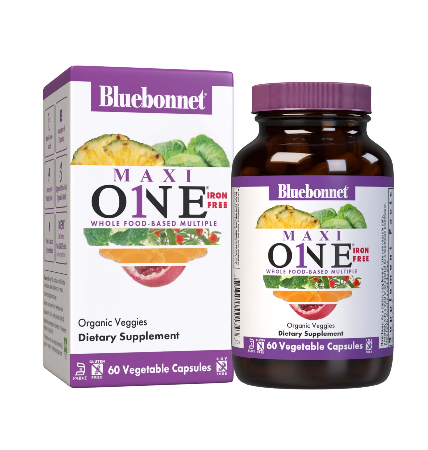 Bluebonnet’s Maxi ONE formula (Iron-Free) 60 vegetable capsules is a higher potency, single daily multivitamin and multimineral dietary supplement in a capsule and is formulated with highly efficient patented Albion chelated minerals, vitamin K2 from natto, select coenzyme B vitamins along with energy & vitality, organic whole food, and plant source enzyme blends. Box and bottle shot. #size_60 count