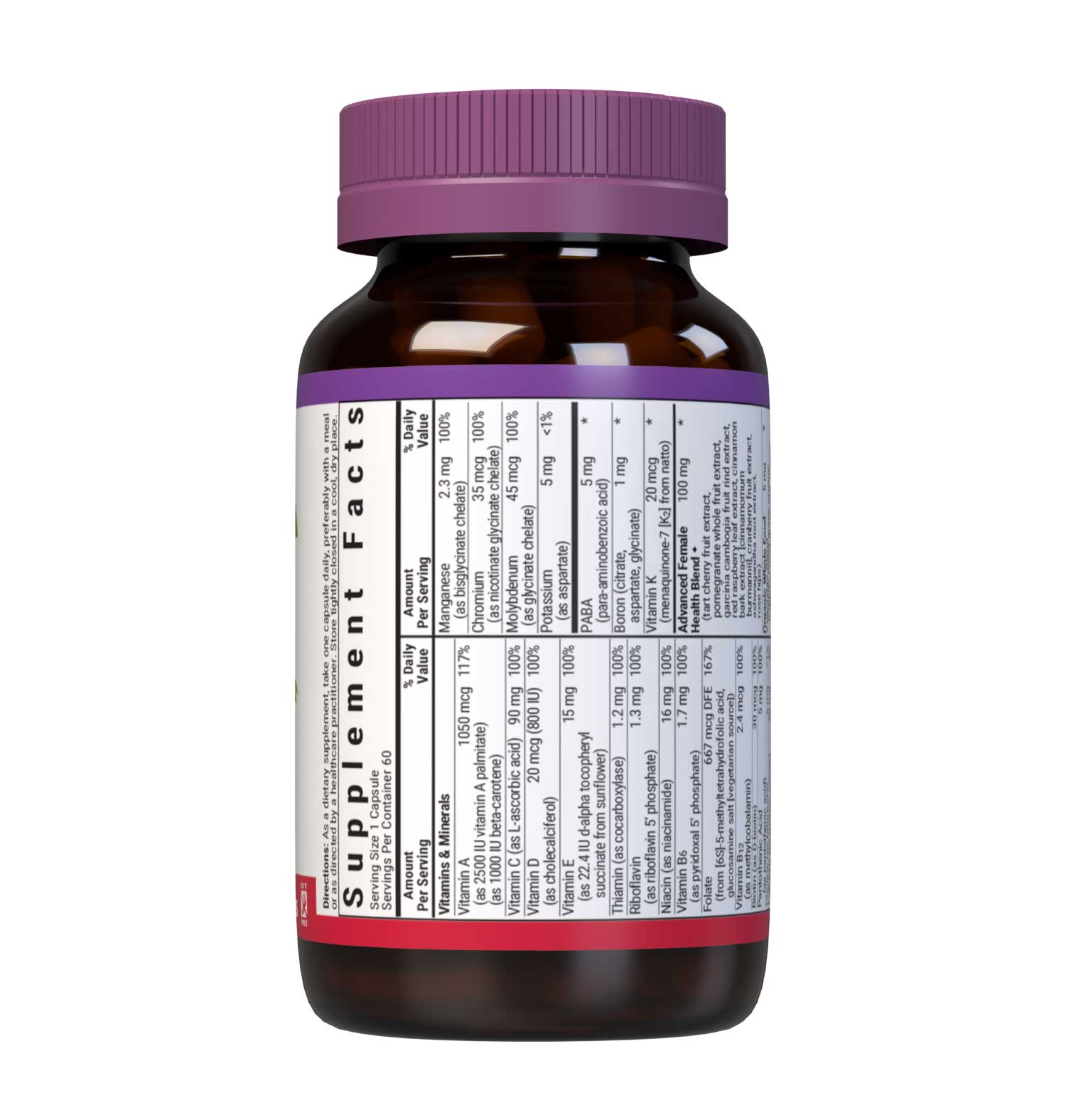 Bluebonnet’s Ladies' One Whole Food-Based Multiple 60 vegetable capsules is formulated with over 25 crucial nutrients like vitamin K2 and vitamin E from sunflower, all the coenzyme forms of the B vitamins, plus Albion chelated minerals in addition to an organic whole food vegetable blend, a plant-sourced enzyme blend, and a unique female health blend for daily nutrition and well being. Supplement facts panel 1. #size_60 count