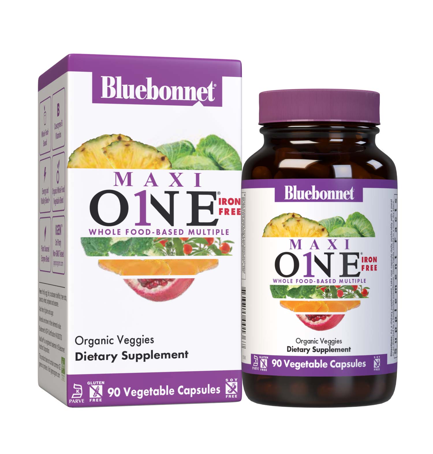 Bluebonnet’s Maxi ONE formula (Iron-Free) 90 vegetable capsules is a higher potency, single daily multivitamin and multimineral dietary supplement in a capsule and is formulated with highly efficient patented Albion chelated minerals, vitamin K2 from natto, select coenzyme B vitamins along with energy & vitality, organic whole food, and plant source enzyme blends. Box and bottle shot. #size_90 count