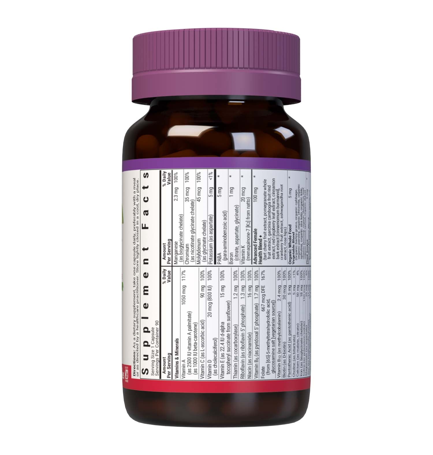 Bluebonnet’s Ladies' One Whole Food-Based Multiple 90 vegetable capsules is formulated with over 25 crucial nutrients like vitamin K2 and vitamin E from sunflower, all the coenzyme forms of the B vitamins, plus Albion chelated minerals in addition to an organic whole food vegetable blend, a plant-sourced enzyme blend, and a unique female health blend for daily nutrition and well being. Supplement facts panel 1. #size_90 count