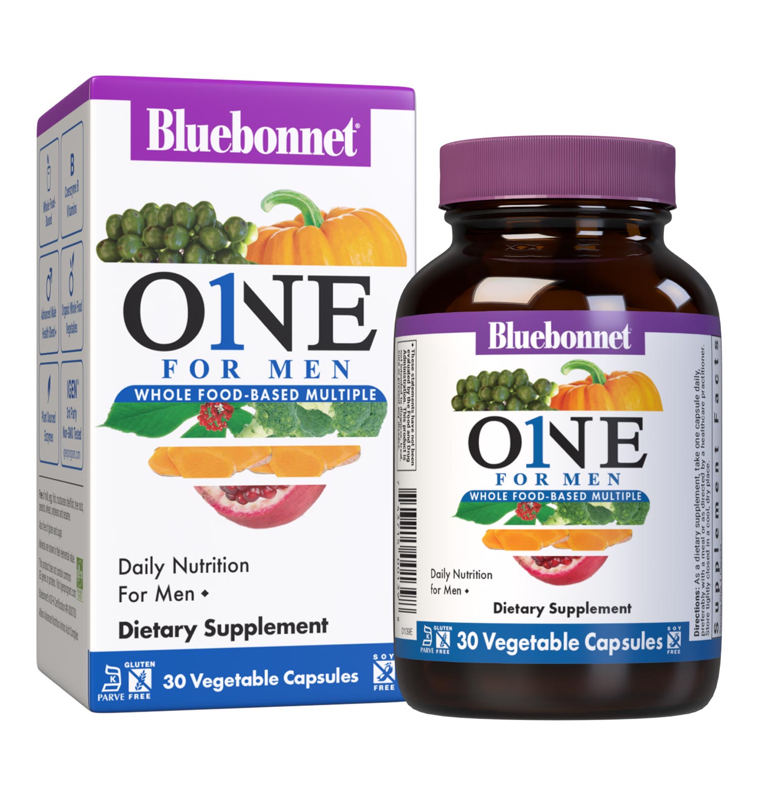 Bluebonnet’s Men's One Whole Food-Based Multiple 30 vegetable capsules is formulated with over 25 crucial nutrients like vitamin K2 and vitamin E from sunflower, all the coenzyme forms of the B vitamins, plus Albion chelated minerals in addition to an organic whole food vegetable blend, a plant-sourced enzyme blend, and a unique male health blend for daily nutrition and well being. Bottle with box #size_30 count