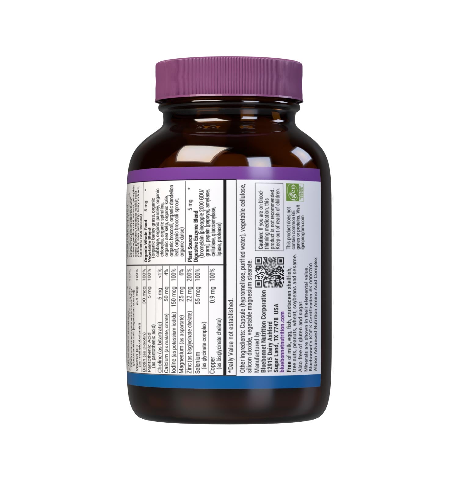 Bluebonnet’s Men's One Whole Food-Based Multiple 30 vegetable capsules is formulated with over 25 crucial nutrients like vitamin K2 and vitamin E from sunflower, all the coenzyme forms of the B vitamins, plus Albion chelated minerals in addition to an organic whole food vegetable blend, a plant-sourced enzyme blend, and a unique male health blend for daily nutrition and well being. Supplement facts panel part2. #size_30 count