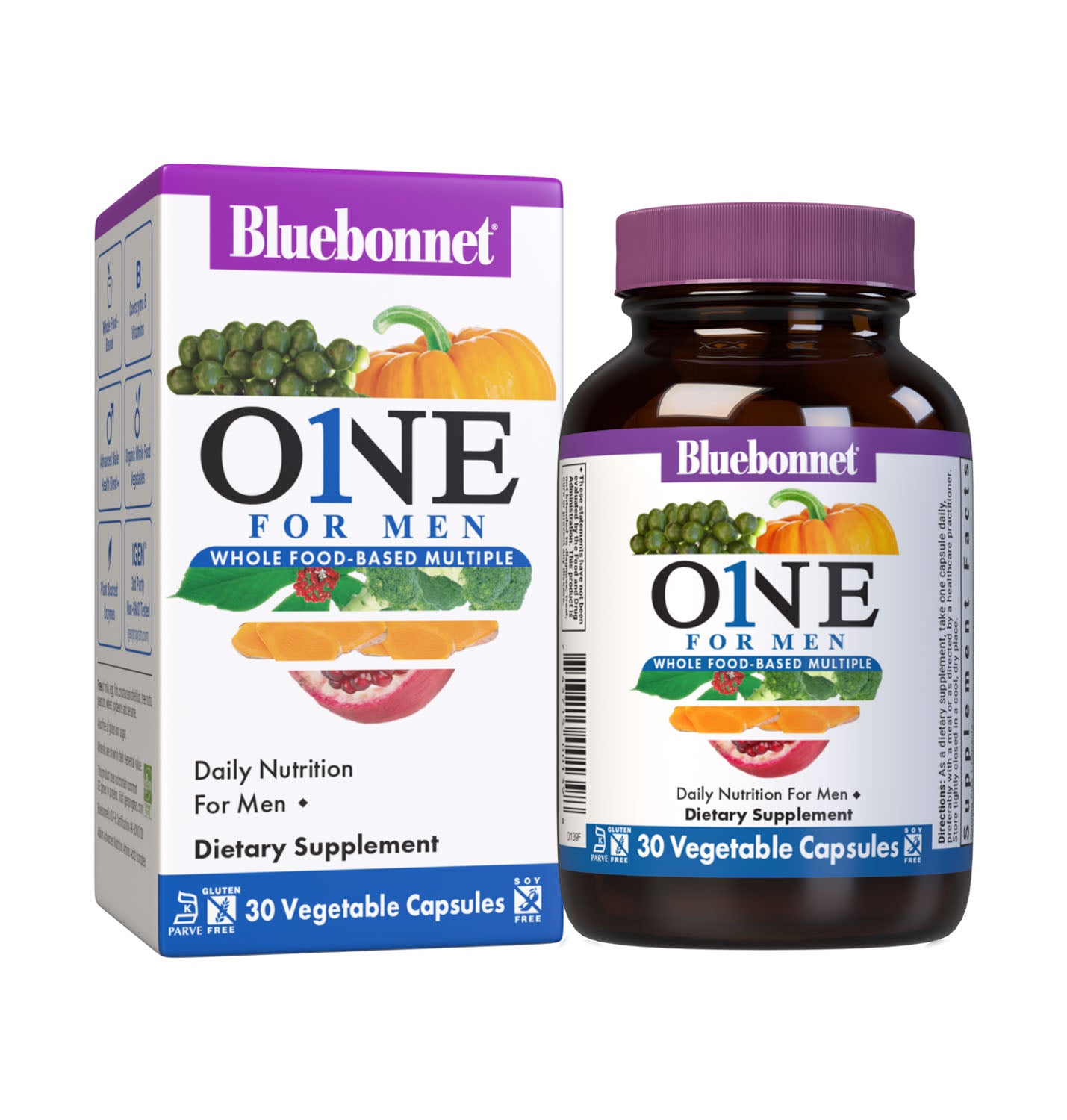 Bluebonnet’s Men's One Whole Food-Based Multiple 30 vegetable capsules is formulated with over 25 crucial nutrients like vitamin K2 and vitamin E from sunflower, all the coenzyme forms of the B vitamins, plus Albion chelated minerals in addition to an organic whole food vegetable blend, a plant-sourced enzyme blend, and a unique male health blend for daily nutrition and well being. Bottle with box. #size_30 count