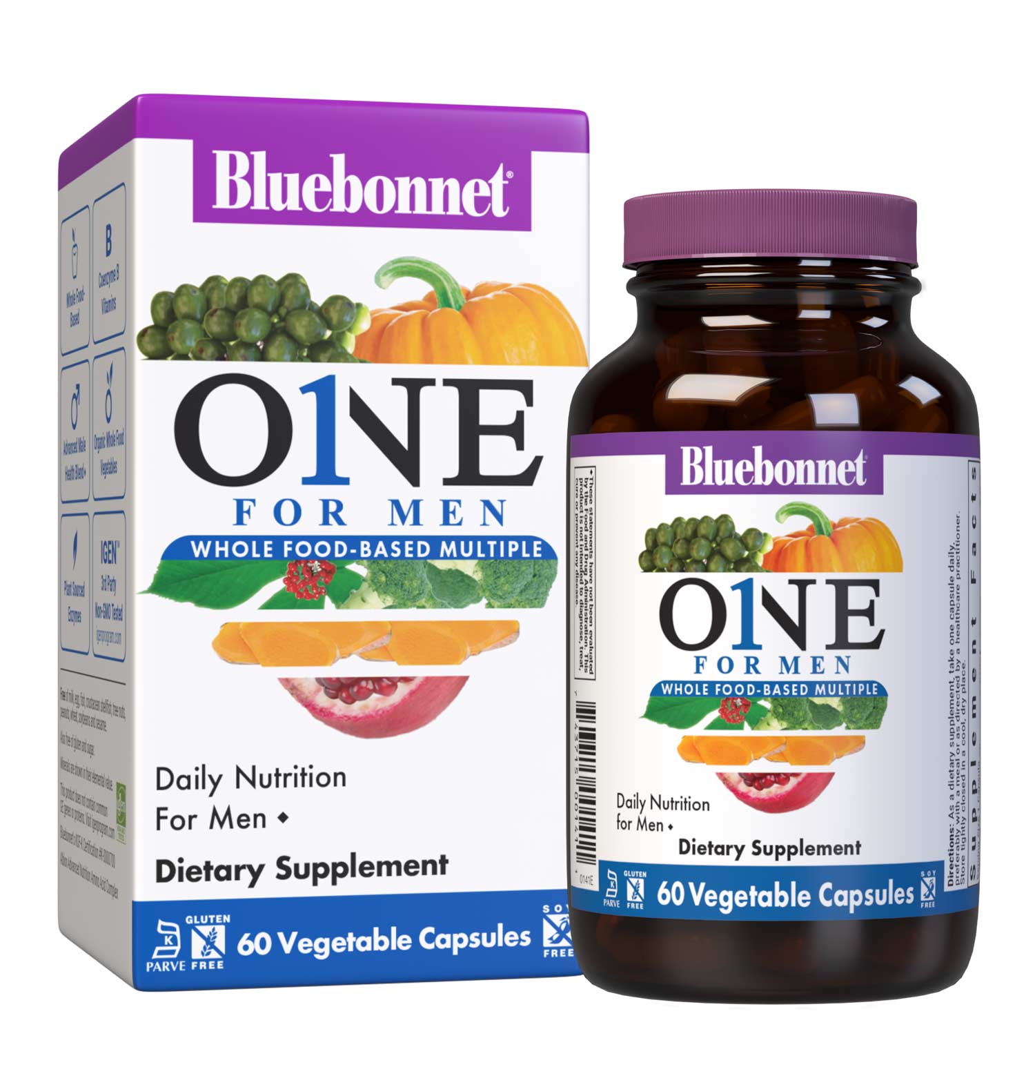Bluebonnet’s Men's One Whole Food-Based Multiple 60 vegetable capsules is formulated with over 25 crucial nutrients like vitamin K2 and vitamin E from sunflower, all the coenzyme forms of the B vitamins, plus Albion chelated minerals in addition to an organic whole food vegetable blend, a plant-sourced enzyme blend, and a unique male health blend for daily nutrition and well being. Bottle with box. #size_60 count