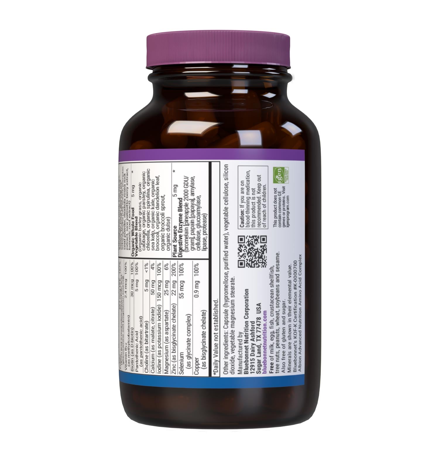 Bluebonnet’s Men's One Whole Food-Based Multiple 60 vegetable capsules is formulated with over 25 crucial nutrients like vitamin K2 and vitamin E from sunflower, all the coenzyme forms of the B vitamins, plus Albion chelated minerals in addition to an organic whole food vegetable blend, a plant-sourced enzyme blend, and a unique male health blend for daily nutrition and well being. Supplement facts panel part 2. #size_60 count