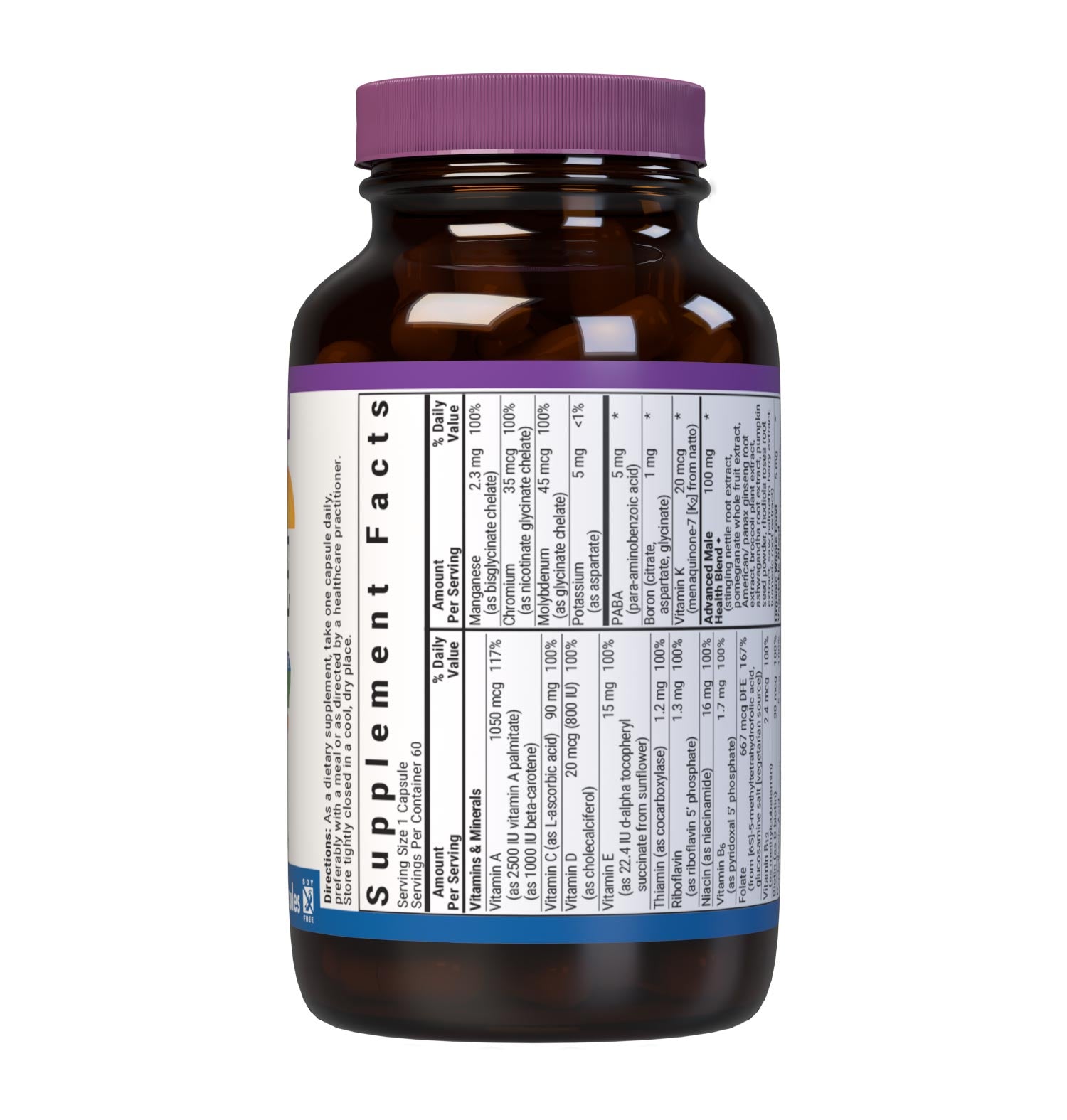 Bluebonnet’s Men's One Whole Food-Based Multiple 60 vegetable capsules is formulated with over 25 crucial nutrients like vitamin K2 and vitamin E from sunflower, all the coenzyme forms of the B vitamins, plus Albion chelated minerals in addition to an organic whole food vegetable blend, a plant-sourced enzyme blend, and a unique male health blend for daily nutrition and well being. Supplement facts panel part 1. #size_60 count