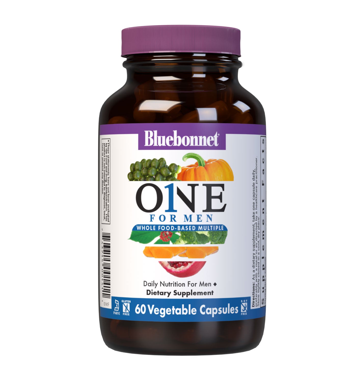Bluebonnet’s Men's One Whole Food-Based Multiple 60 vegetable capsules is formulated with over 25 crucial nutrients like vitamin K2 and vitamin E from sunflower, all the coenzyme forms of the B vitamins, plus Albion chelated minerals in addition to an organic whole food vegetable blend, a plant-sourced enzyme blend, and a unique male health blend for daily nutrition and well being. #size_60 count