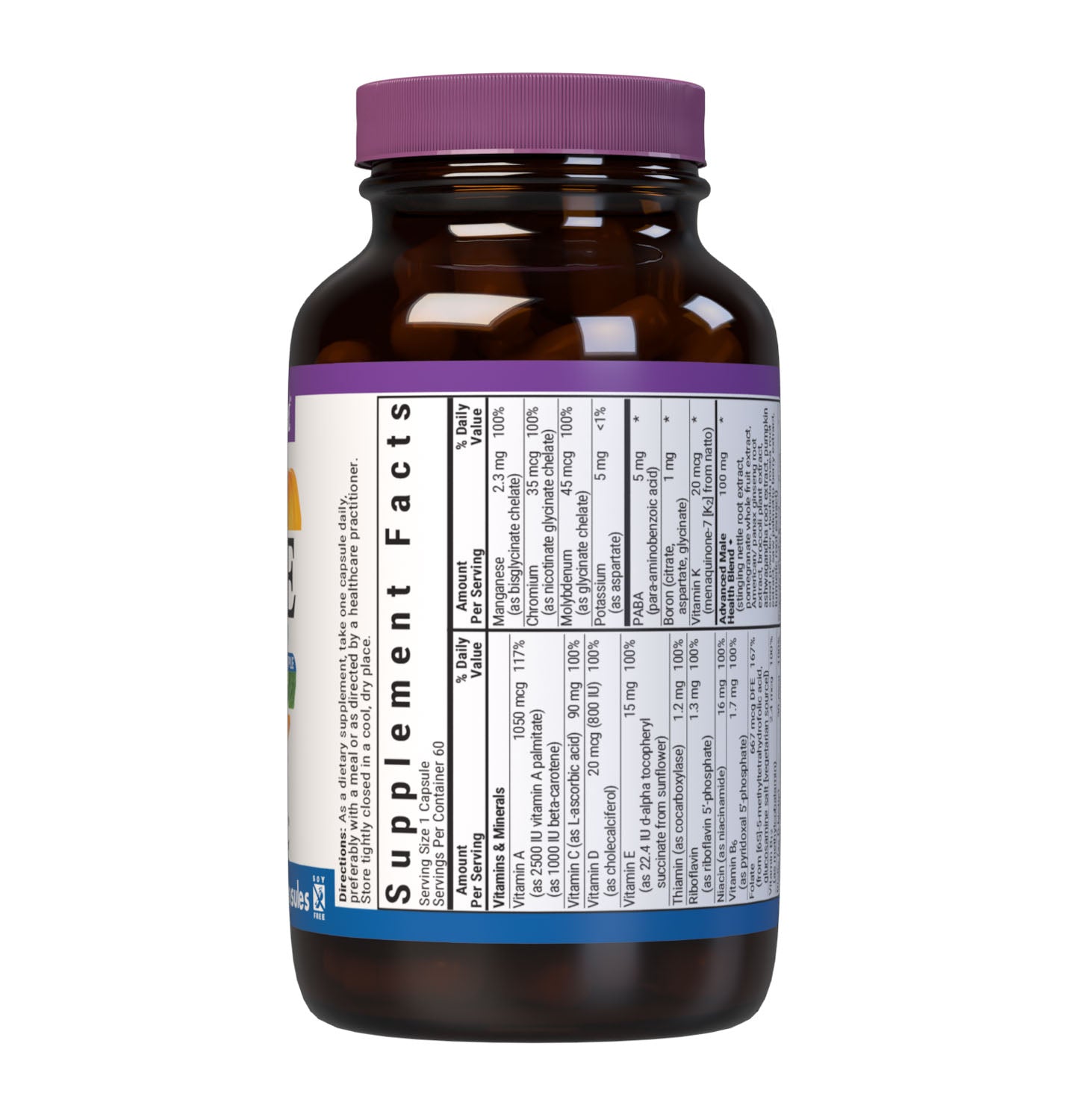 Bluebonnet’s Men's One Whole Food-Based Multiple 60 vegetable capsules is formulated with over 25 crucial nutrients like vitamin K2 and vitamin E from sunflower, all the coenzyme forms of the B vitamins, plus Albion chelated minerals in addition to an organic whole food vegetable blend, a plant-sourced enzyme blend, and a unique male health blend for daily nutrition and well being. Supplement facts panel, top part. #size_60 count