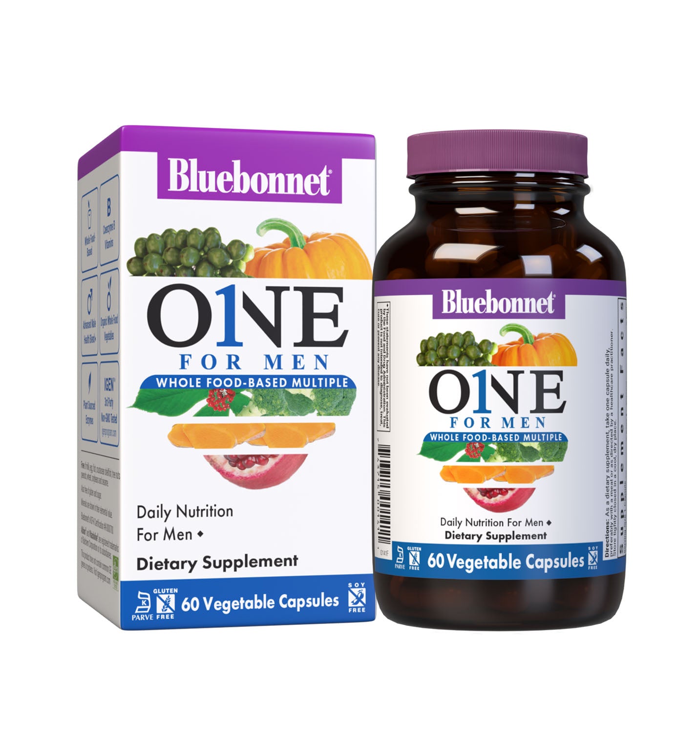 Bluebonnet’s Men's One Whole Food-Based Multiple 60 vegetable capsules is formulated with over 25 crucial nutrients like vitamin K2 and vitamin E from sunflower, all the coenzyme forms of the B vitamins, plus Albion chelated minerals in addition to an organic whole food vegetable blend, a plant-sourced enzyme blend, and a unique male health blend for daily nutrition and well being. Bottle with box. #size_60 count