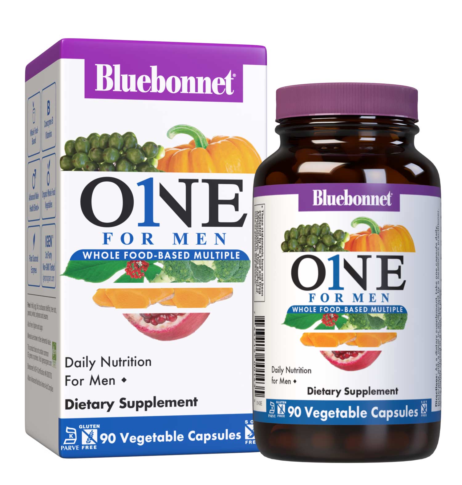 Bluebonnet’s Men's One Whole Food-Based Multiple 90 vegetable capsules is formulated with over 25 crucial nutrients like vitamin K2 and vitamin E from sunflower, all the coenzyme forms of the B vitamins, plus Albion chelated minerals in addition to an organic whole food vegetable blend, a plant-sourced enzyme blend, and a unique male health blend for daily nutrition and well being. Bottle with box. #size_90 count
