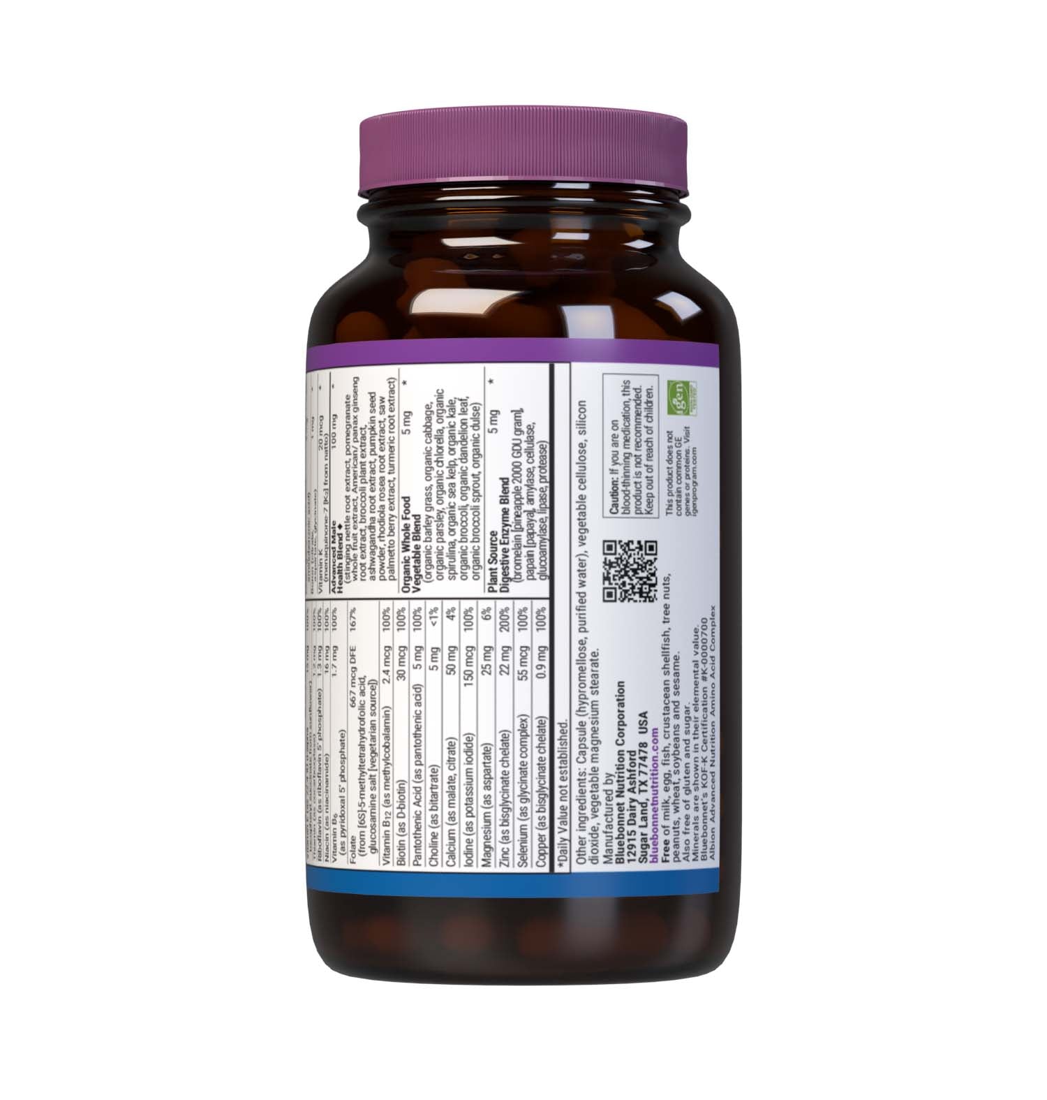 Bluebonnet’s Men's One Whole Food-Based Multiple 90 vegetable capsules is formulated with over 25 crucial nutrients like vitamin K2 and vitamin E from sunflower, all the coenzyme forms of the B vitamins, plus Albion chelated minerals in addition to an organic whole food vegetable blend, a plant-sourced enzyme blend, and a unique male health blend for daily nutrition and well being. Supplement facts panel part 2. #size_90 count