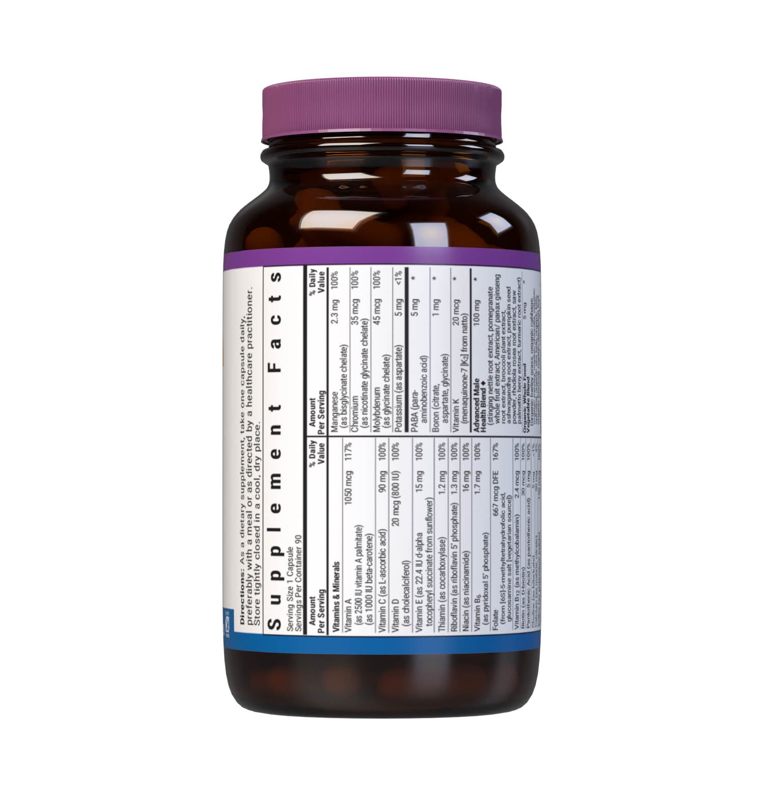 Bluebonnet’s Men's One Whole Food-Based Multiple 90 vegetable capsules is formulated with over 25 crucial nutrients like vitamin K2 and vitamin E from sunflower, all the coenzyme forms of the B vitamins, plus Albion chelated minerals in addition to an organic whole food vegetable blend, a plant-sourced enzyme blend, and a unique male health blend for daily nutrition and well being. Supplement facts panel part 1. #size_90 count