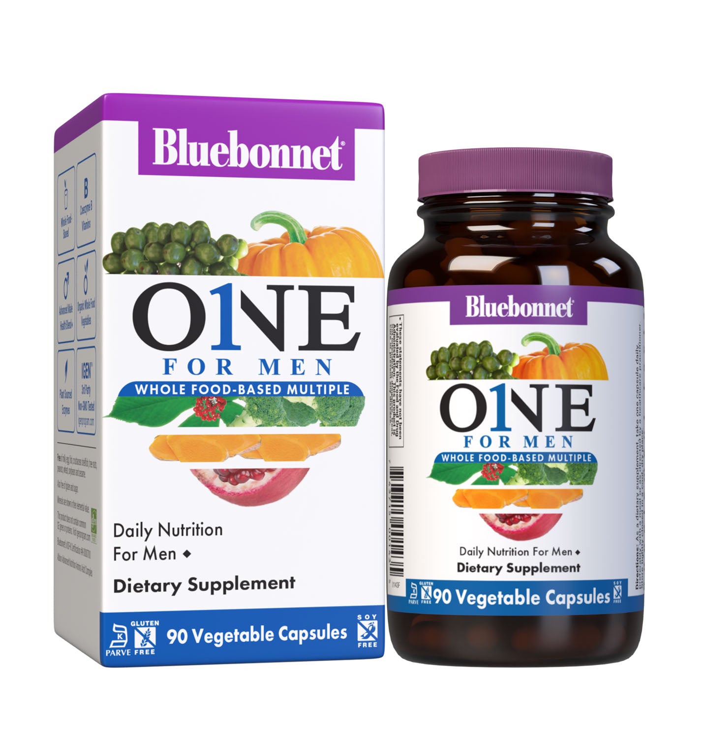Bluebonnet’s Men's One Whole Food-Based Multiple 90 vegetable capsules is formulated with over 25 crucial nutrients like vitamin K2 and vitamin E from sunflower, all the coenzyme forms of the B vitamins, plus Albion chelated minerals in addition to an organic whole food vegetable blend, a plant-sourced enzyme blend, and a unique male health blend for daily nutrition and well being. Bottle with box. #size_90 count