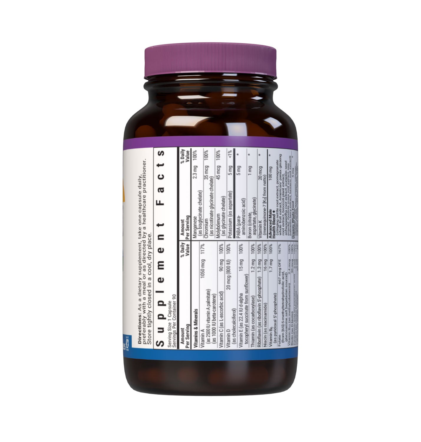 Bluebonnet’s Men's One Whole Food-Based Multiple 90 vegetable capsules is formulated with over 25 crucial nutrients like vitamin K2 and vitamin E from sunflower, all the coenzyme forms of the B vitamins, plus Albion chelated minerals in addition to an organic whole food vegetable blend, a plant-sourced enzyme blend, and a unique male health blend for daily nutrition and well being. Supplement facts panel, top part. #size_90 count