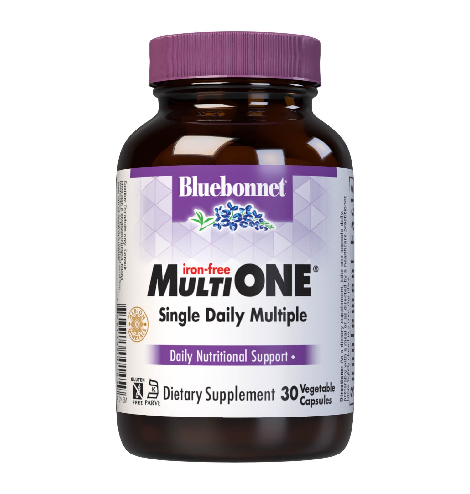 Bluebonnet’s Multi One Iron-free Single Daily Multiple 30 vegetable capsules is formulated with crucial vitamins and minerals, plus Albion chelated minerals for daily nutrition and well being. #size_30 count