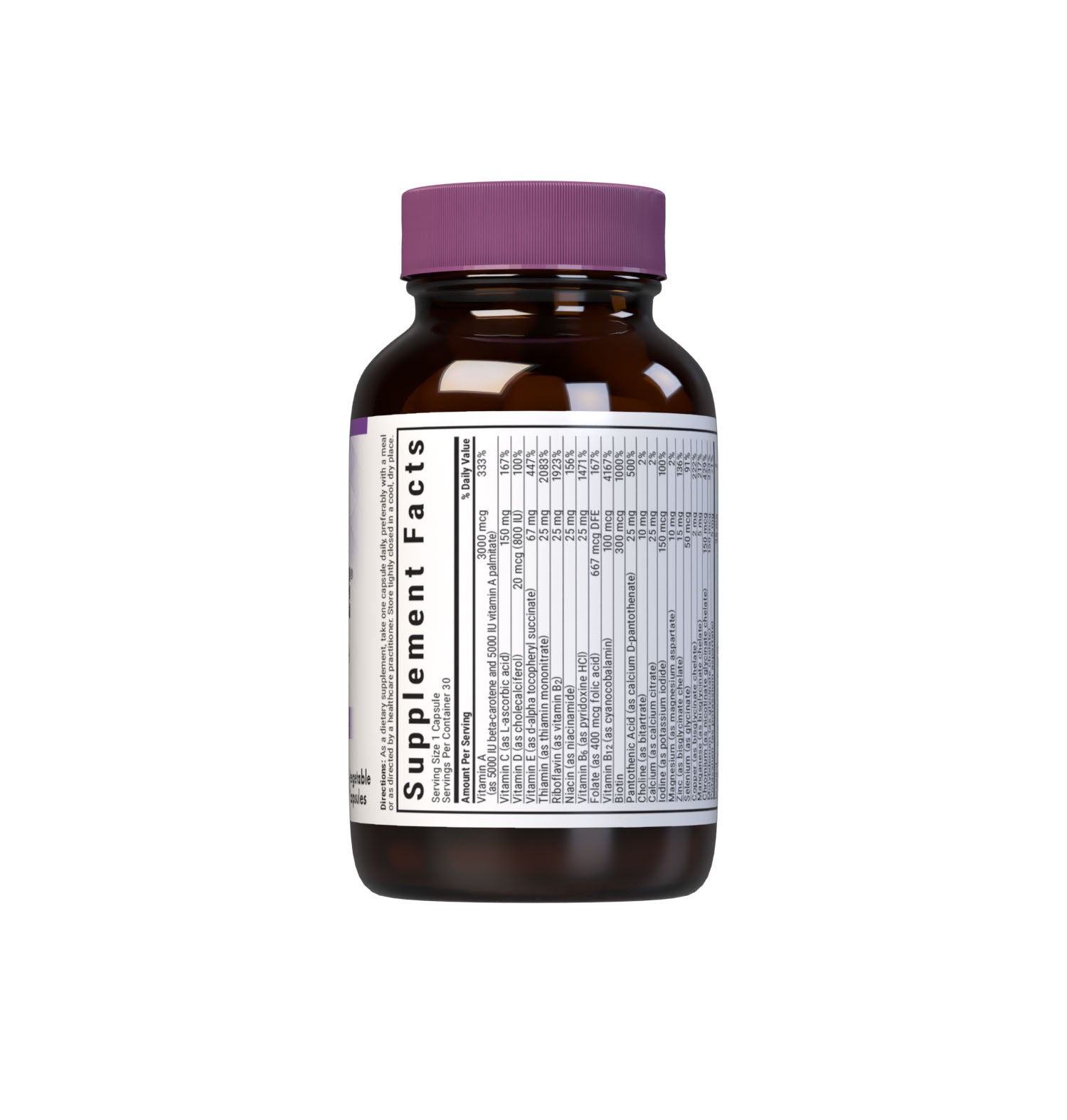 Bluebonnet’s Multi One Iron-free Single Daily Multiple 30 vegetable capsules is formulated with crucial vitamins and minerals, plus Albion chelated minerals for daily nutrition and well being. Supplement fact panel. Top part. #Size+Iron_30 count (Iron-free)