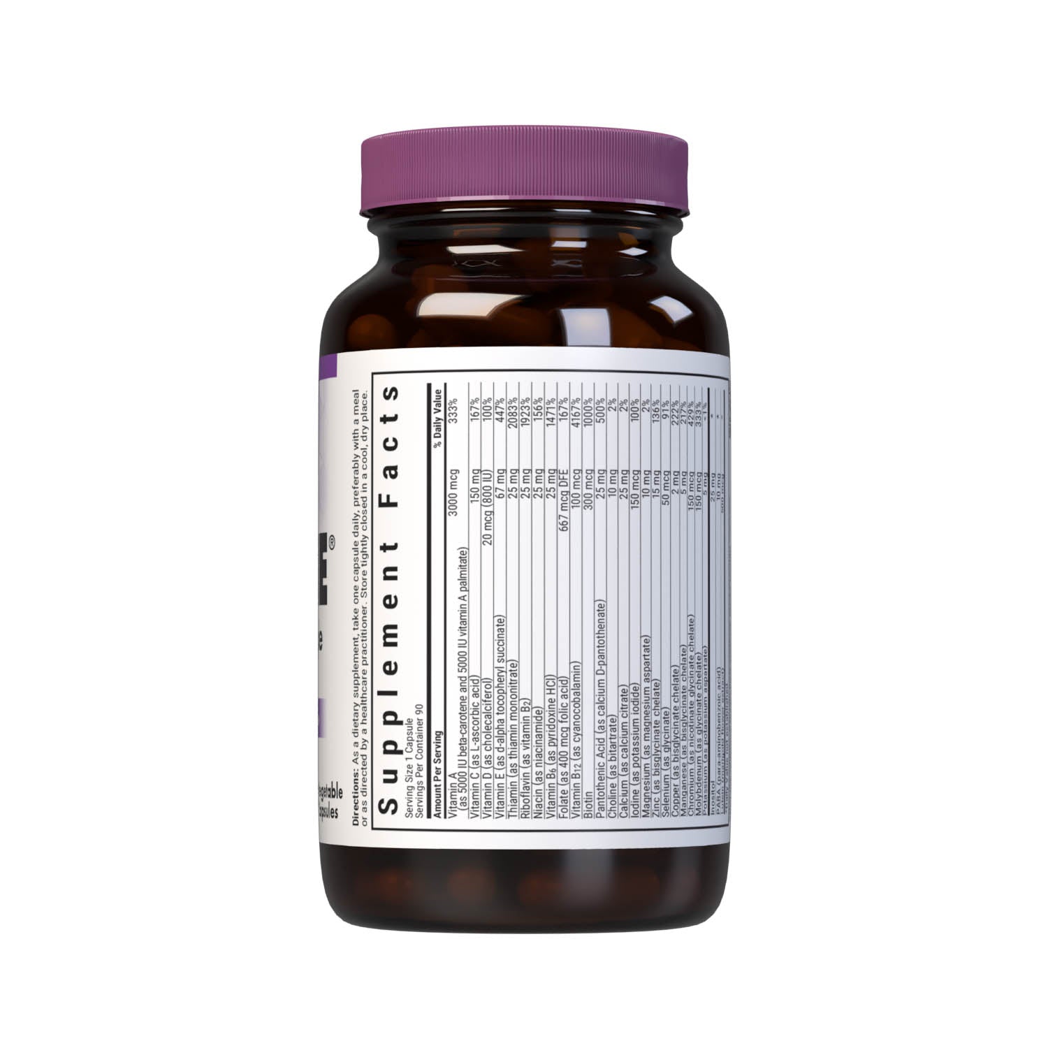 Bluebonnet’s Multi One Iron-free Single Daily Multiple 90 vegetable capsules is formulated with crucial vitamins and minerals, plus Albion chelated minerals for daily nutrition and well being. Supplement facts panel top. #Size+Iron_90 count (Iron-free)