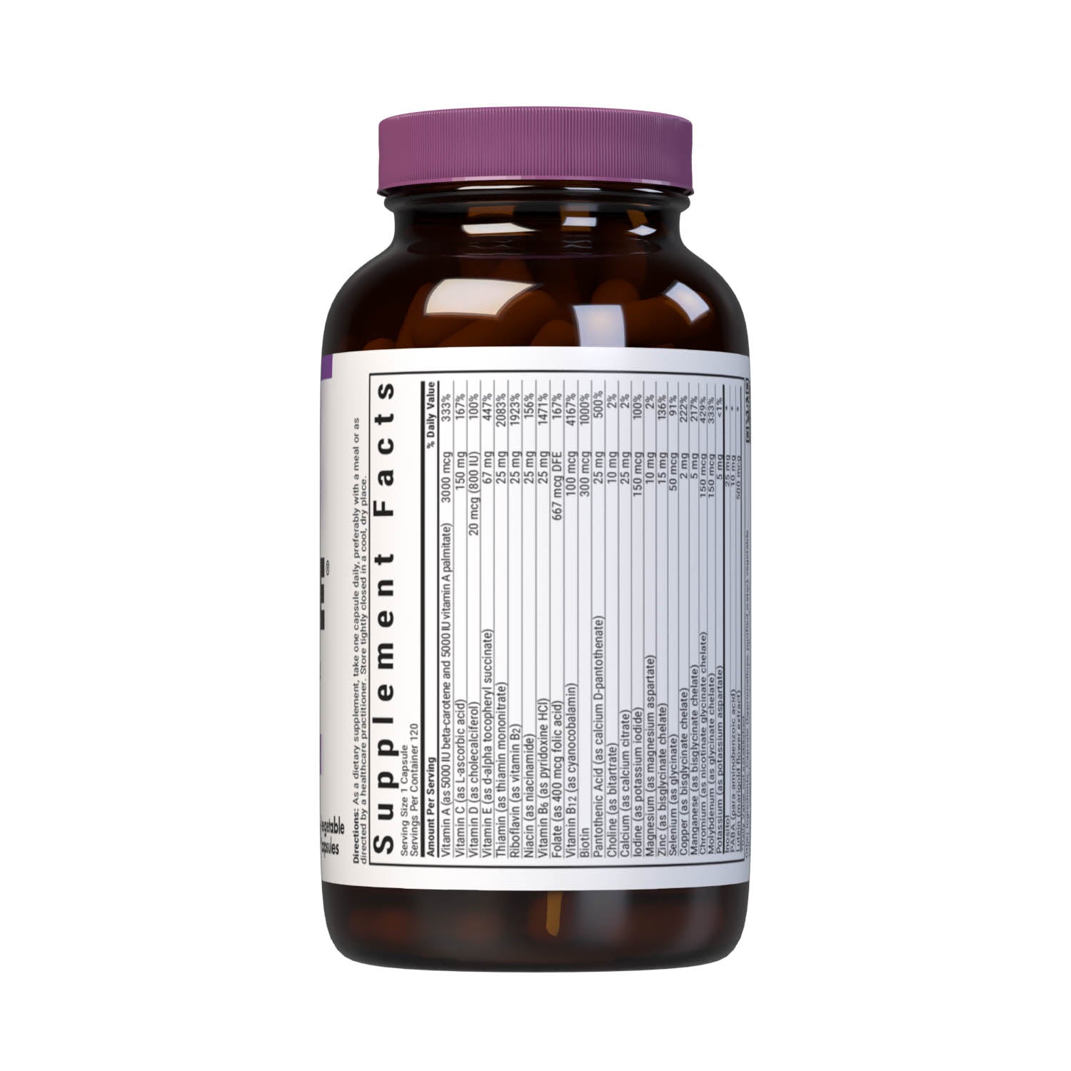 Bluebonnet’s Multi One Iron-free Single Daily Multiple 120 vegetable capsules is formulated with crucial vitamins and minerals, plus Albion chelated minerals for daily nutrition and well being. Supplement facts panel top. #Size+Iron_120 count (Iron-free)