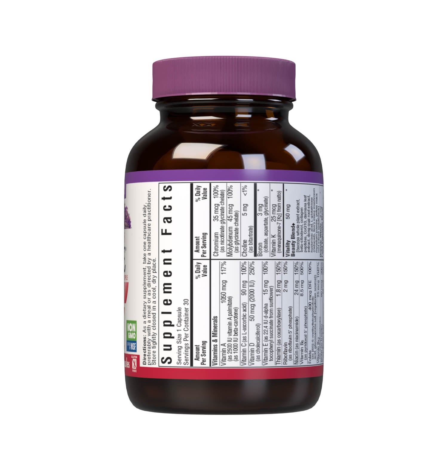 Bluebonnet’s Ladies’ ONE 40+ Whole Food-Based Multiple 30 Vegetable Capsules are formulated for daily nutritional support and vitality for women over 40. Helps to increase energy and vitality, protect beautiful skin, enhance mood, and support heart health. Supplement facts panel 1. #size_30 count