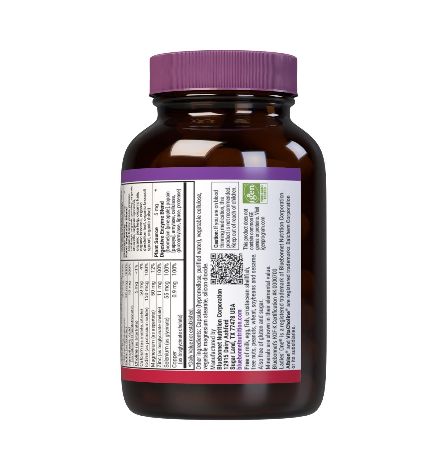 Bluebonnet’s Ladies’ ONE 40+ Whole Food-Based Multiple 30 Vegetable Capsules are formulated for daily nutritional support and vitality for women over 40. Helps to increase energy and vitality, protect beautiful skin, enhance mood, and support heart health. Supplement facts panel, bottom part. #size_30 count