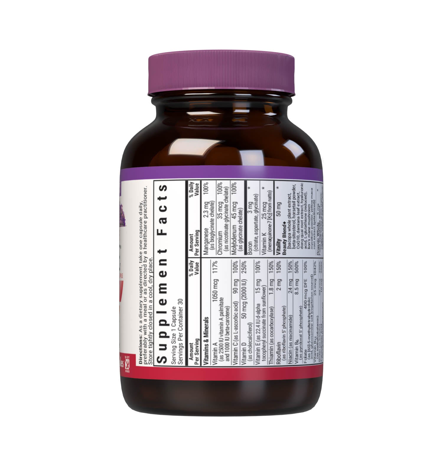 Bluebonnet’s Ladies’ ONE 40+ Whole Food-Based Multiple 30 Vegetable Capsules are formulated for daily nutritional support and vitality for women over 40. Helps to increase energy and vitality, protect beautiful skin, enhance mood, and support heart health. Supplement facts panel, top part. #size_30 count