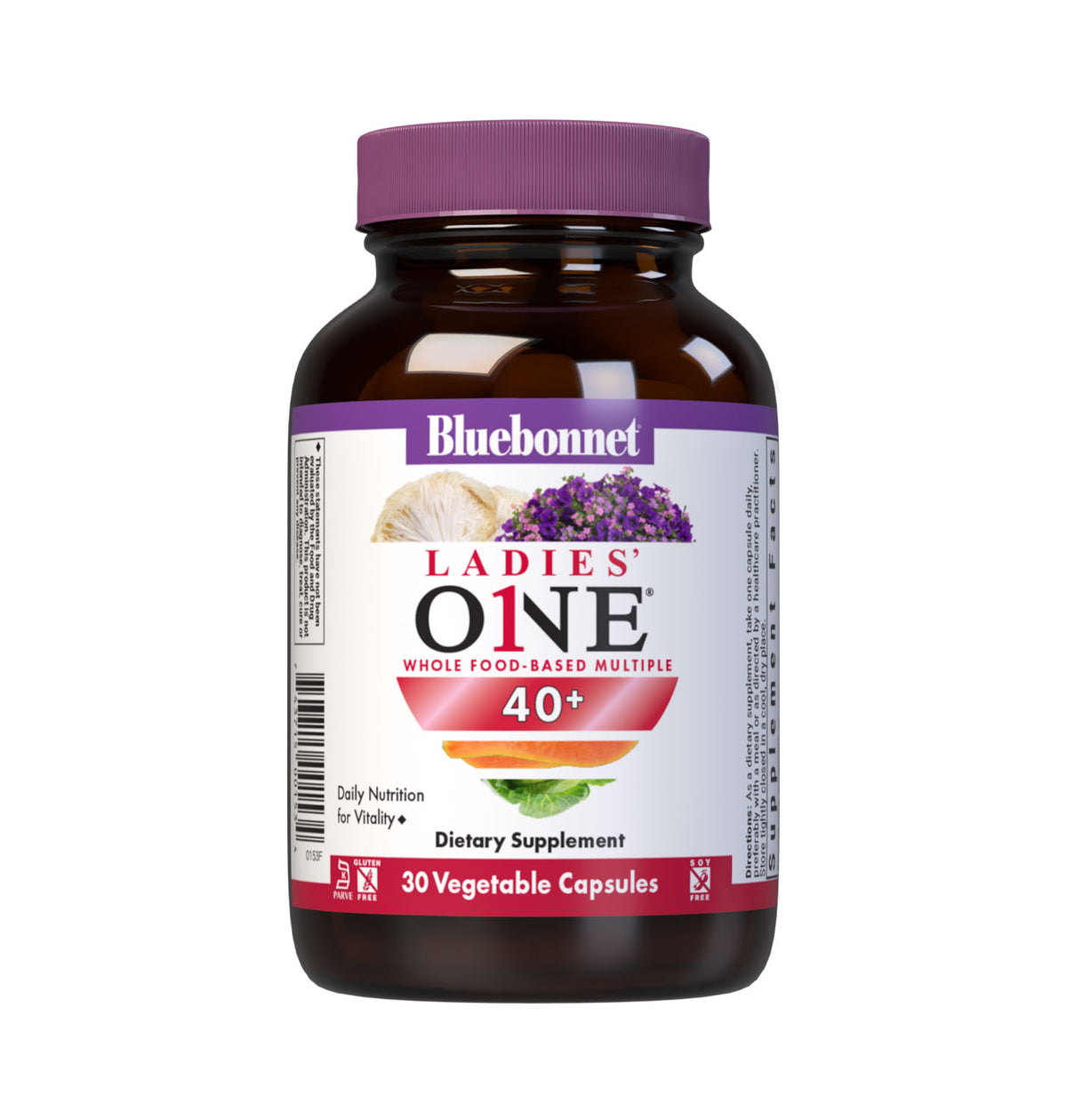 Bluebonnet’s Ladies’ ONE 40+ Whole Food-Based Multiple 30 Vegetable Capsules are formulated for daily nutritional support and vitality for women over 40. Helps to increase energy and vitality, protect beautiful skin, enhance mood, and support heart health. #size_30 count