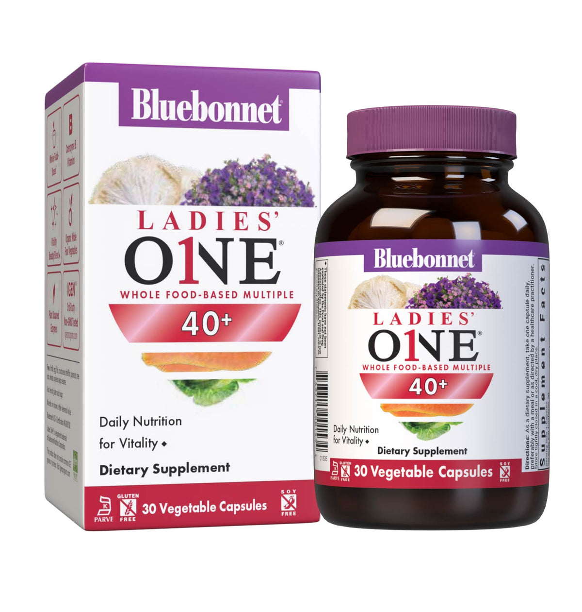 Bluebonnet’s Ladies’ ONE 40+ Whole Food-Based Multiple 30 Vegetable Capsules are formulated for daily nutritional support and vitality for women over 40. Helps to increase energy and vitality, protect beautiful skin, enhance mood, and support heart health. Bottle with box image. #size_30 count