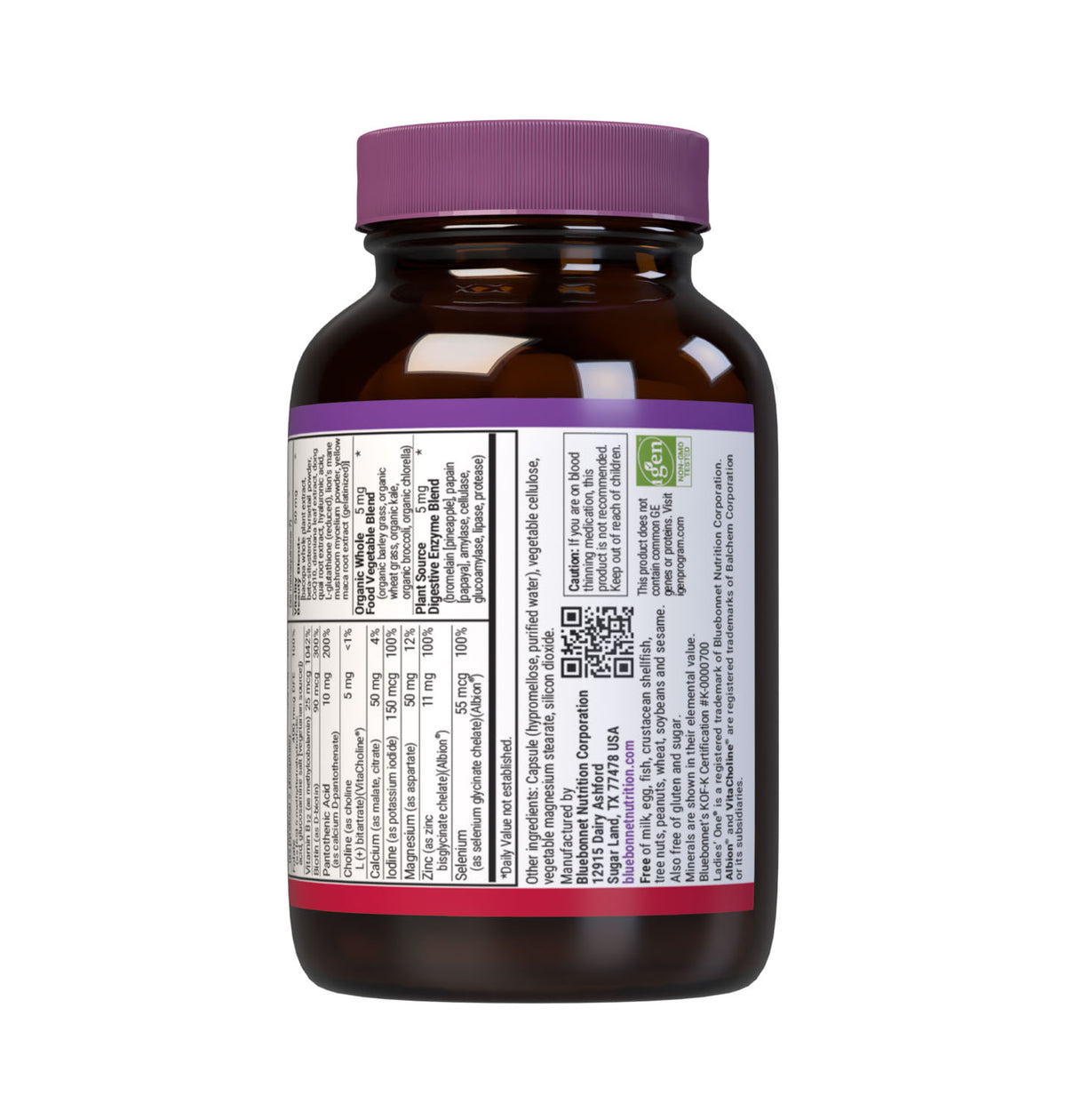 Bluebonnet’s Ladies’ ONE 40+ Whole Food-Based Multiple 30 Vegetable Capsules are formulated for daily nutritional support and vitality for women over 40. Helps to increase energy and vitality, protect beautiful skin, enhance mood, and support heart health. Supplement facts panel, bottom part. #size_30 count