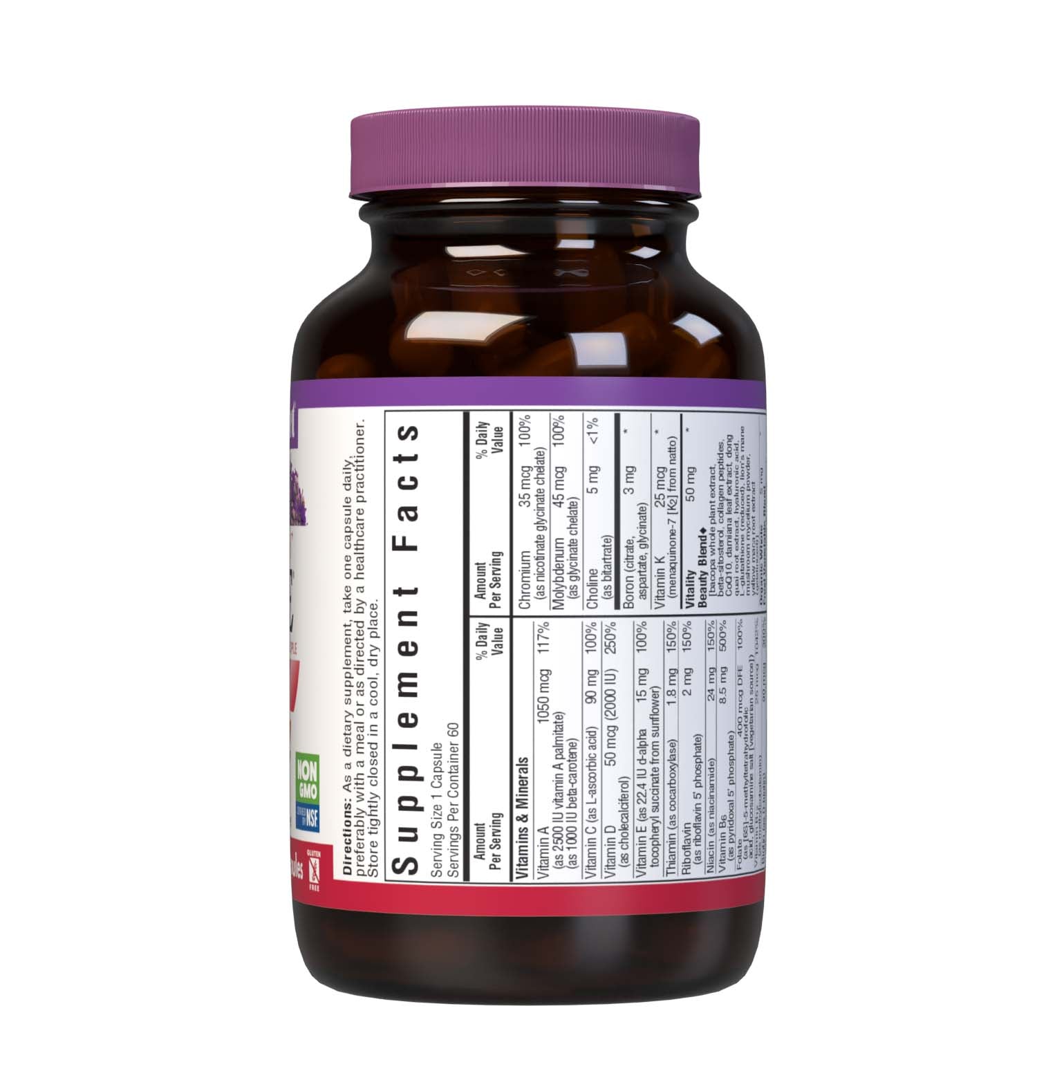 Bluebonnet’s Ladies’ ONE 40+ Whole Food-Based Multiple 60 Vegetable Capsules are formulated for daily nutritional support and vitality for women over 40. Helps to increase energy and vitality, protect beautiful skin, enhance mood, and support heart health. Supplement facts panel. #size_60 count