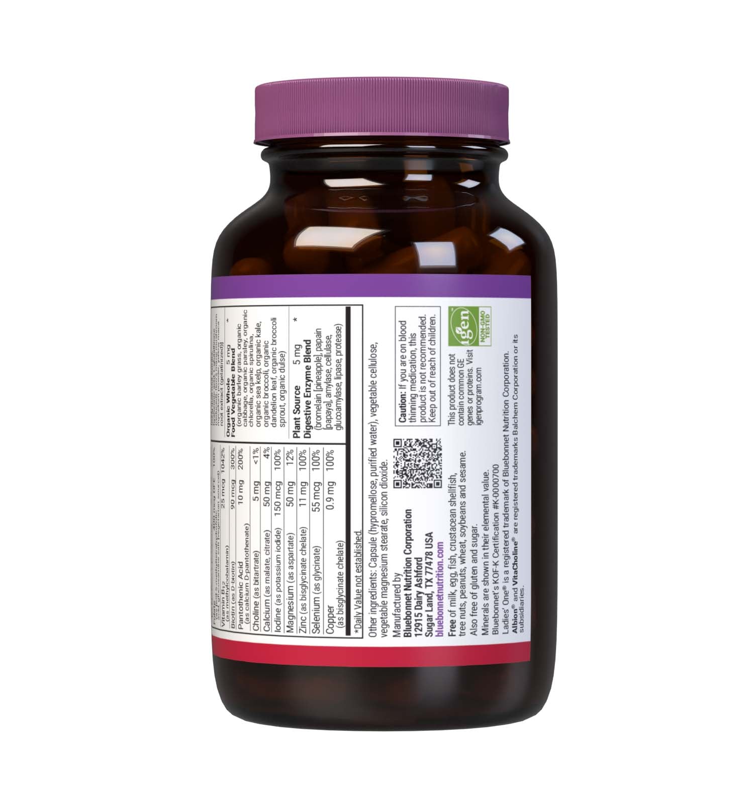 Bluebonnet’s Ladies’ ONE 40+ Whole Food-Based Multiple 60 Vegetable Capsules are formulated for daily nutritional support and vitality for women over 40. Helps to increase energy and vitality, protect beautiful skin, enhance mood, and support heart health. Supplement facts panel, bottom part. #size_60 count
