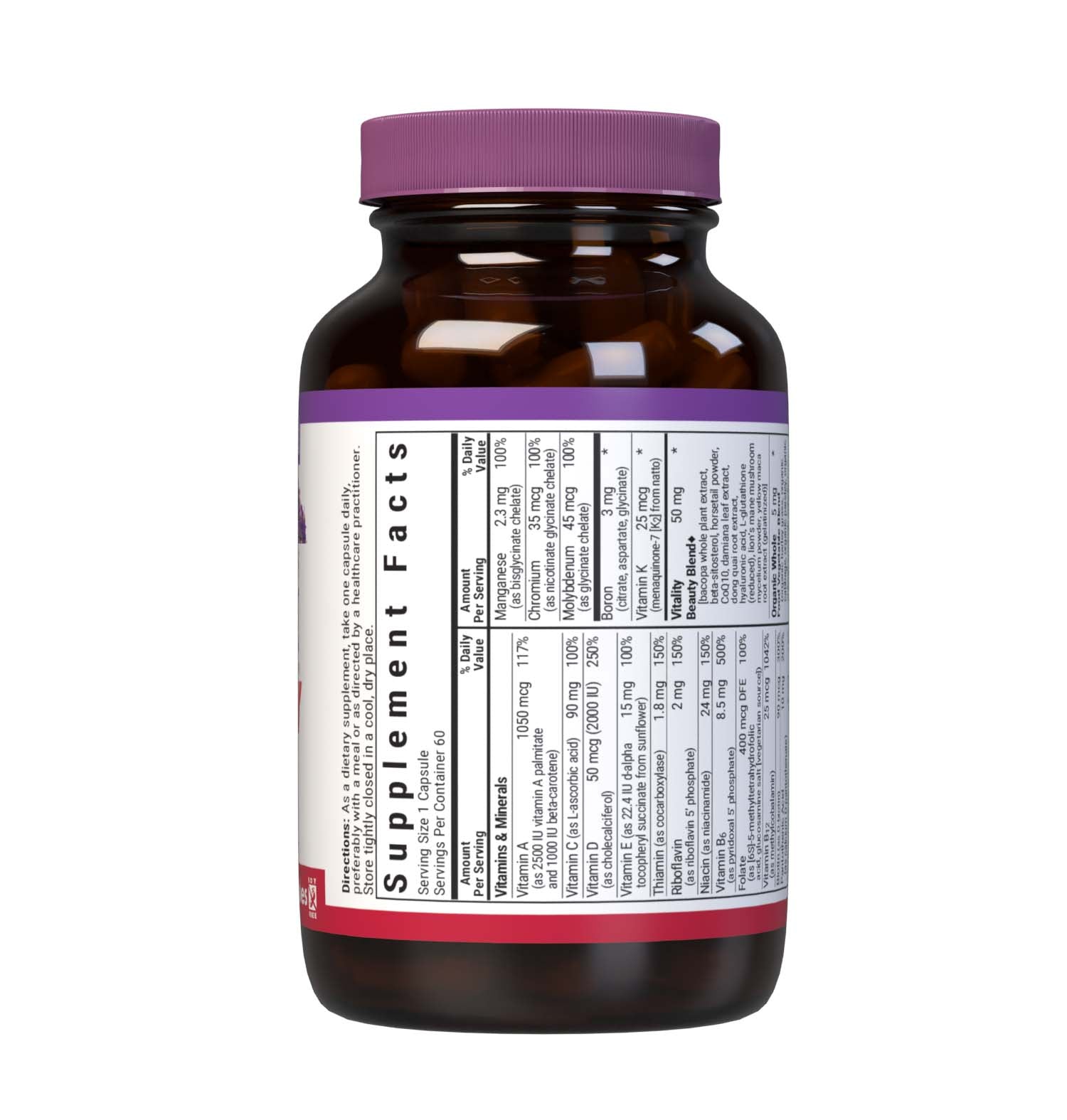 Bluebonnet’s Ladies’ ONE 40+ Whole Food-Based Multiple 60 Vegetable Capsules are formulated for daily nutritional support and vitality for women over 40. Helps to increase energy and vitality, protect beautiful skin, enhance mood, and support heart health. Supplement facts panel, top part. #size_60 count