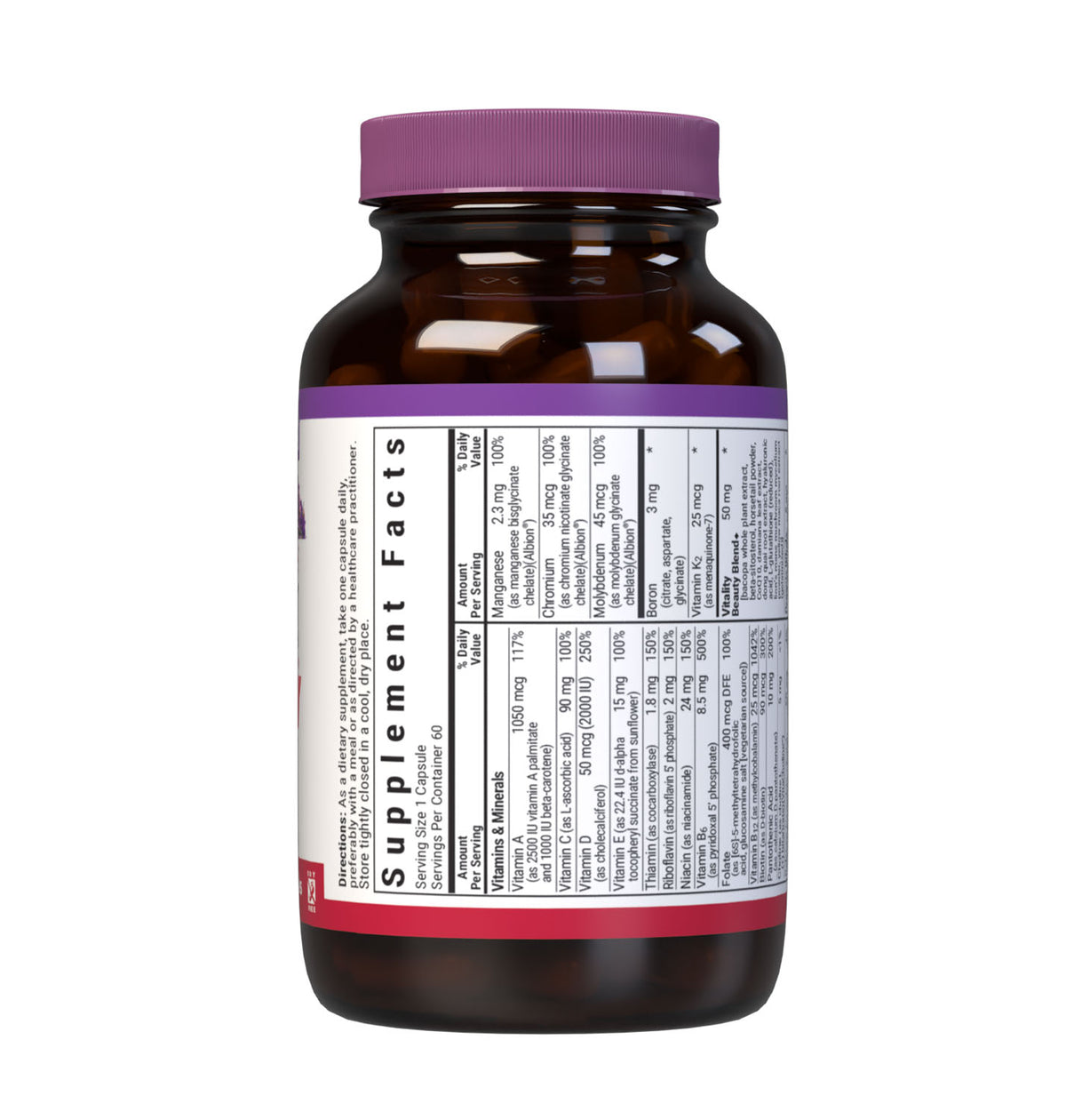 Bluebonnet’s Ladies’ ONE 40+ Whole Food-Based Multiple 60 Vegetable Capsules are formulated for daily nutritional support and vitality for women over 40. Helps to increase energy and vitality, protect beautiful skin, enhance mood, and support heart health. Supplement facts panel, top part. #size_60 count