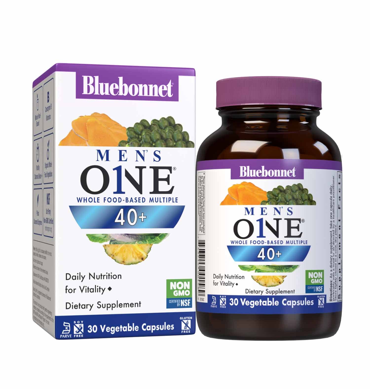Bluebonnet’s Men’s ONE 40+ Whole Food-Based Multiple 30 Vegetable Capsules are formulated for daily nutritional support and vitality for men over 40, helping to increase energy and vitality, aid joint comfort, maintain prostate health, and support heart health. Bottle with box. #size_30 count