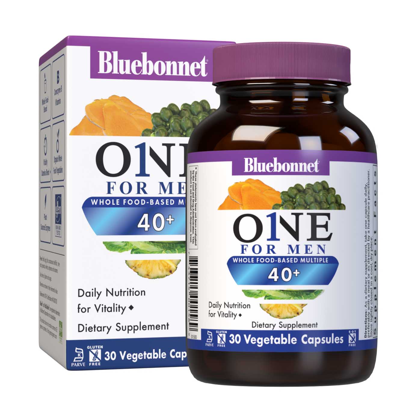 Bluebonnet’s ONE for Men 40+ Whole Food-Based Multiple 30 Vegetable Capsules are formulated for daily nutritional support and vitality for men over 40, helping to increase energy and vitality, aid joint comfort, maintain prostate health, and support heart health. Bottle with box. #size_30 count