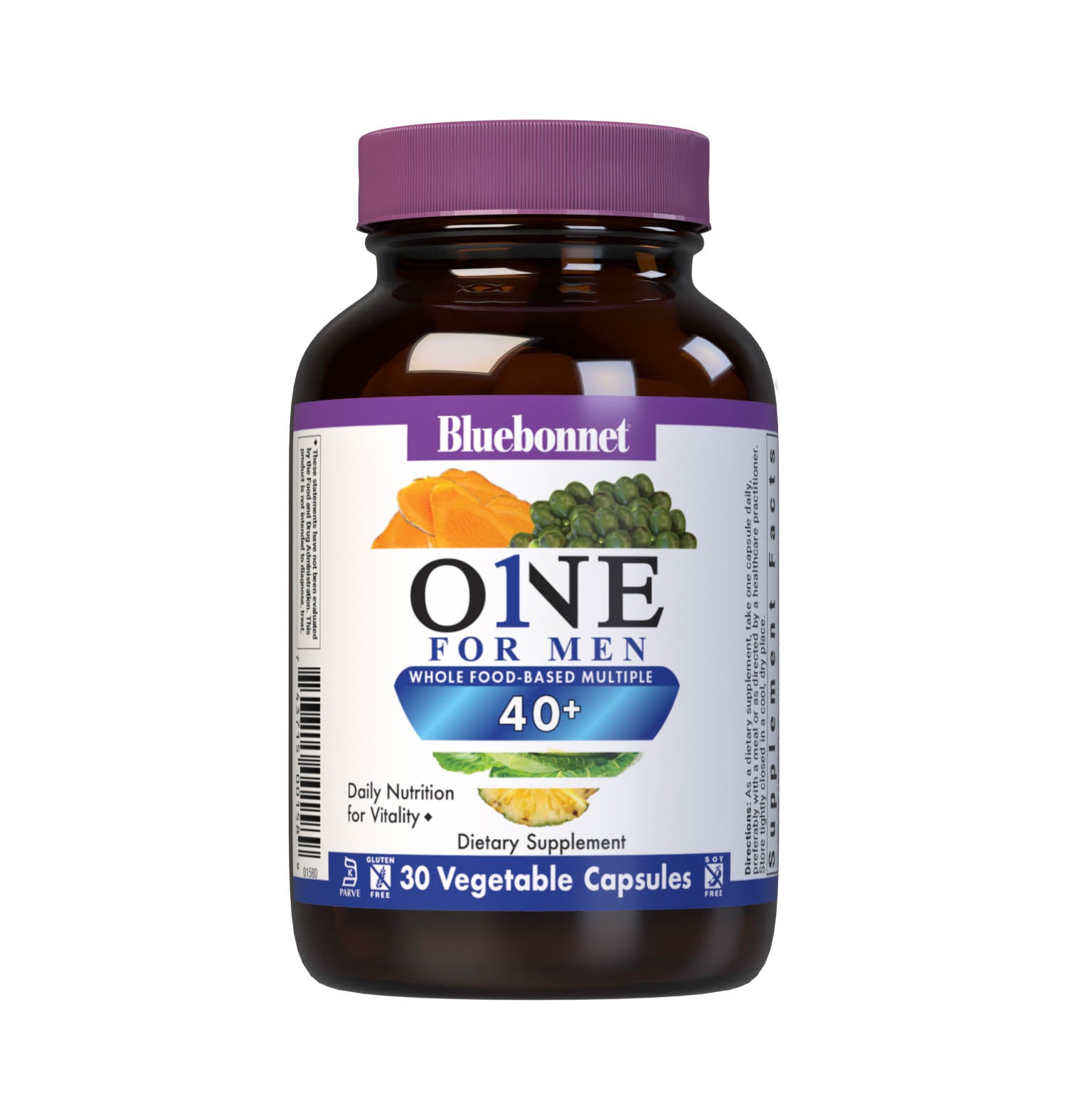 Bluebonnet’s ONE for Men 40+ Whole Food-Based Multiple 30 Vegetable Capsules are formulated for daily nutritional support and vitality for men over 40, helping to increase energy and vitality, aid joint comfort, maintain prostate health, and support heart health. #size_30 count