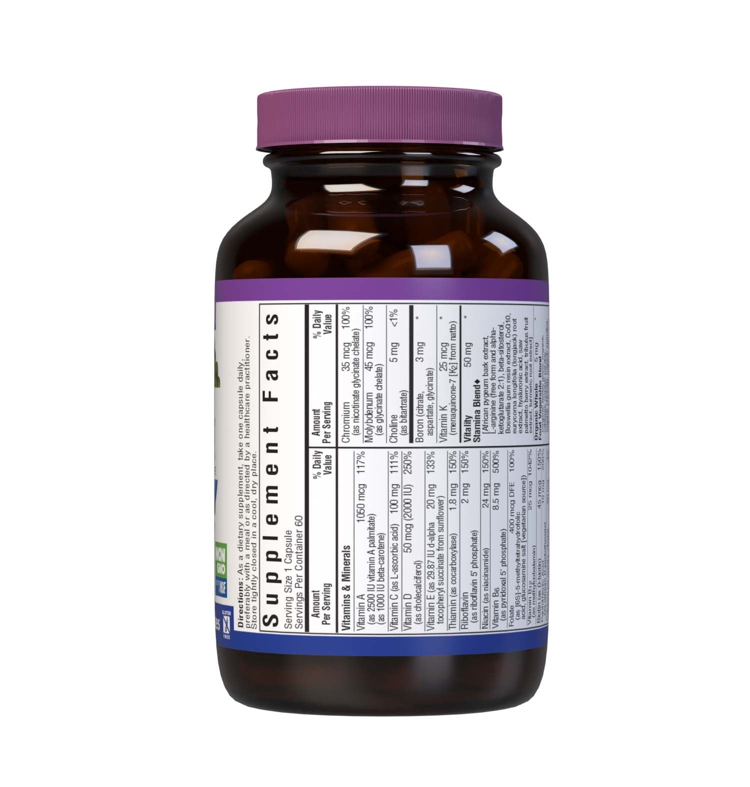 Bluebonnet’s Men’s ONE 40+ Whole Food-Based Multiple 60 Vegetable Capsules are formulated for daily nutritional support and vitality for men over 40, helping to increase energy and vitality, aid joint comfort, maintain prostate health, and support heart health. Supplement facts box panel top.#size_60 count